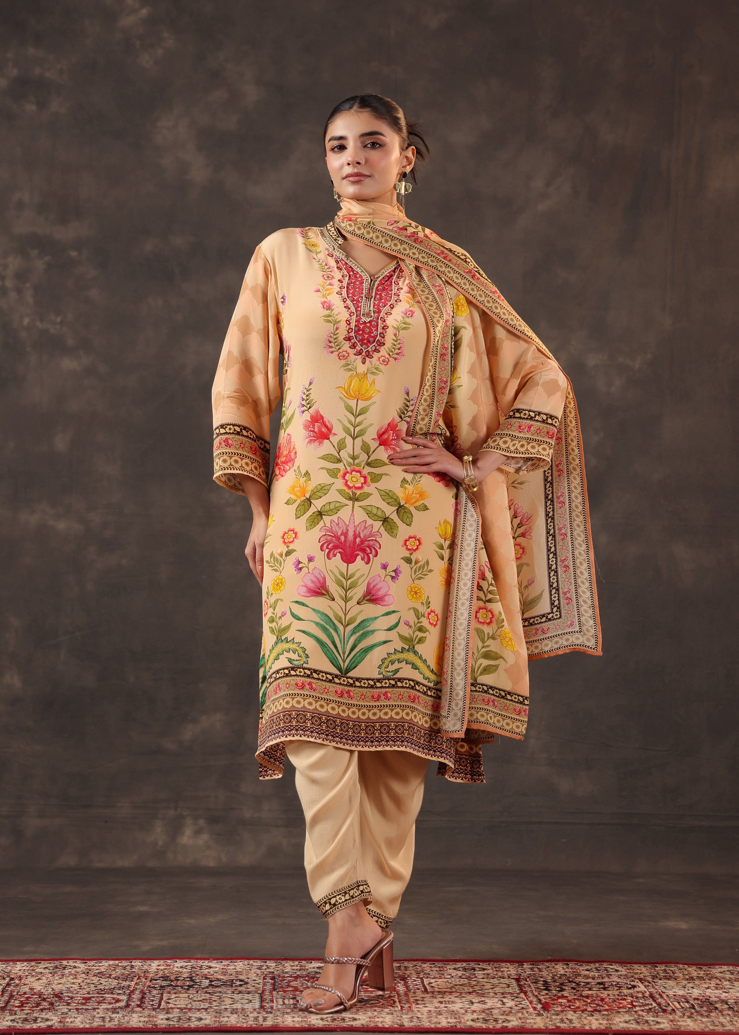 Warm Peach Printed Crepe Silk Pant Set