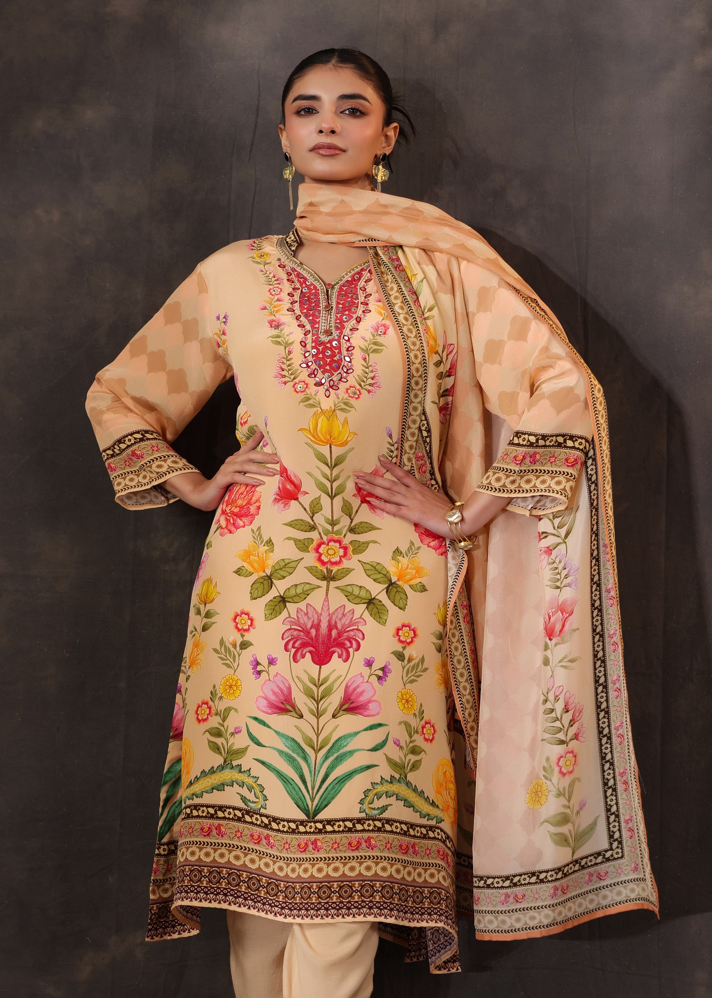 Warm Peach Printed Crepe Silk Pant Set