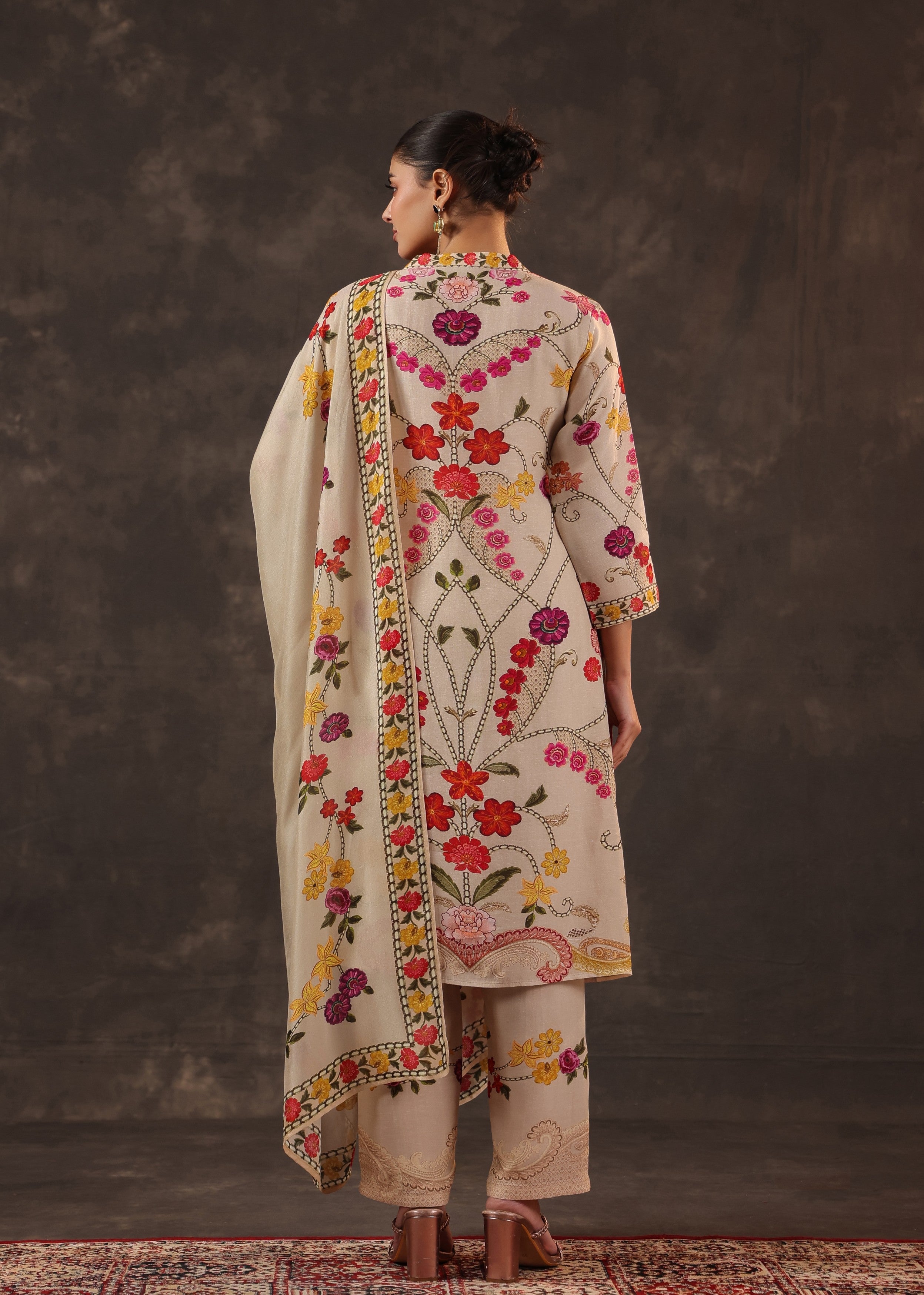 Oatmeal Beige Embroidered Premium Silk Pant Set