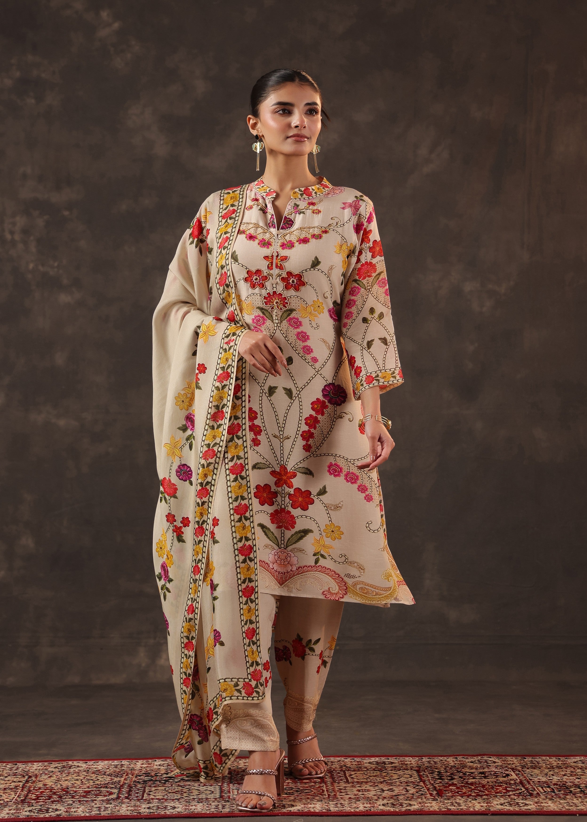 Oatmeal Beige Embroidered Premium Silk Pant Set