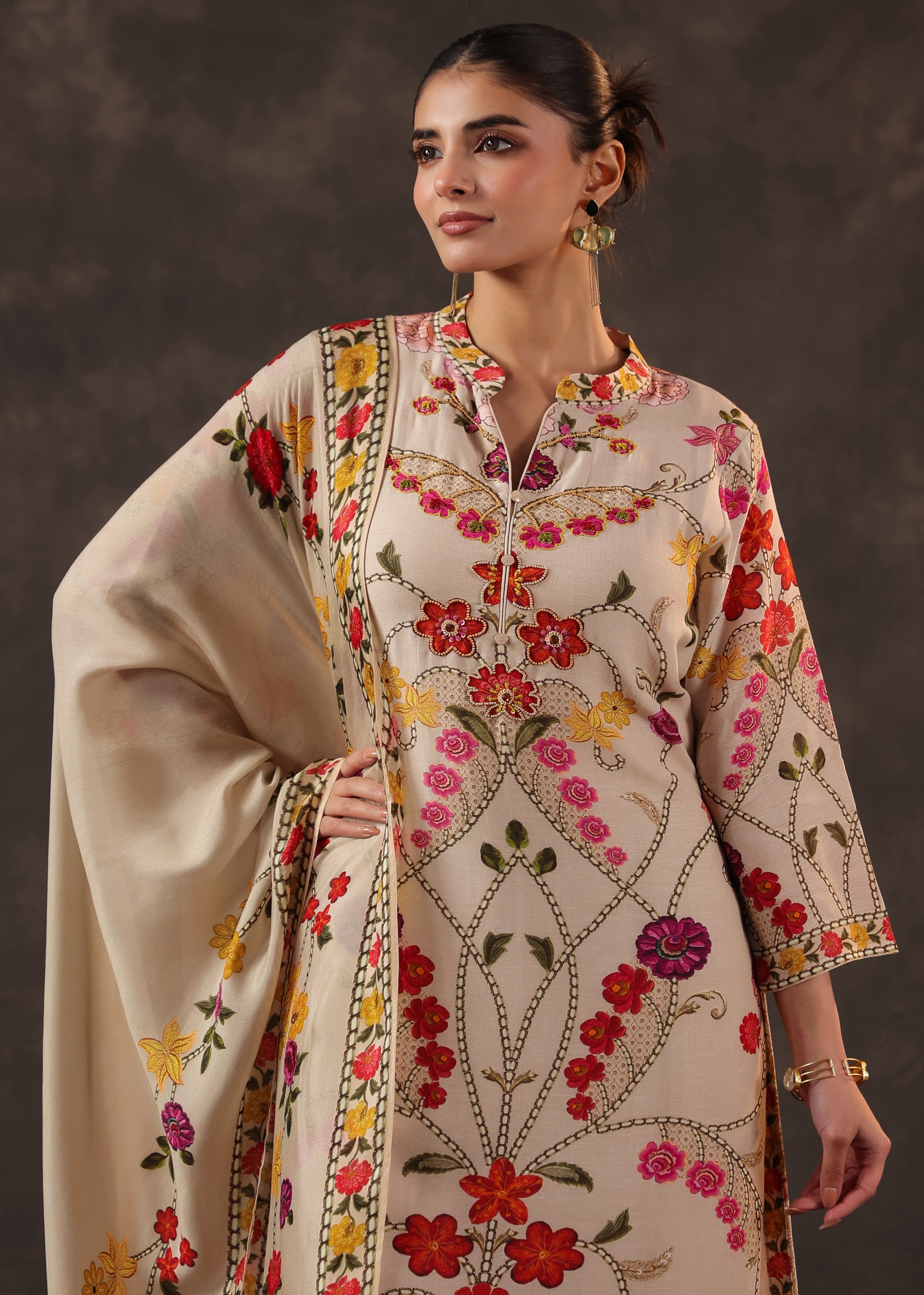 Oatmeal Beige Embroidered Premium Silk Pant Set