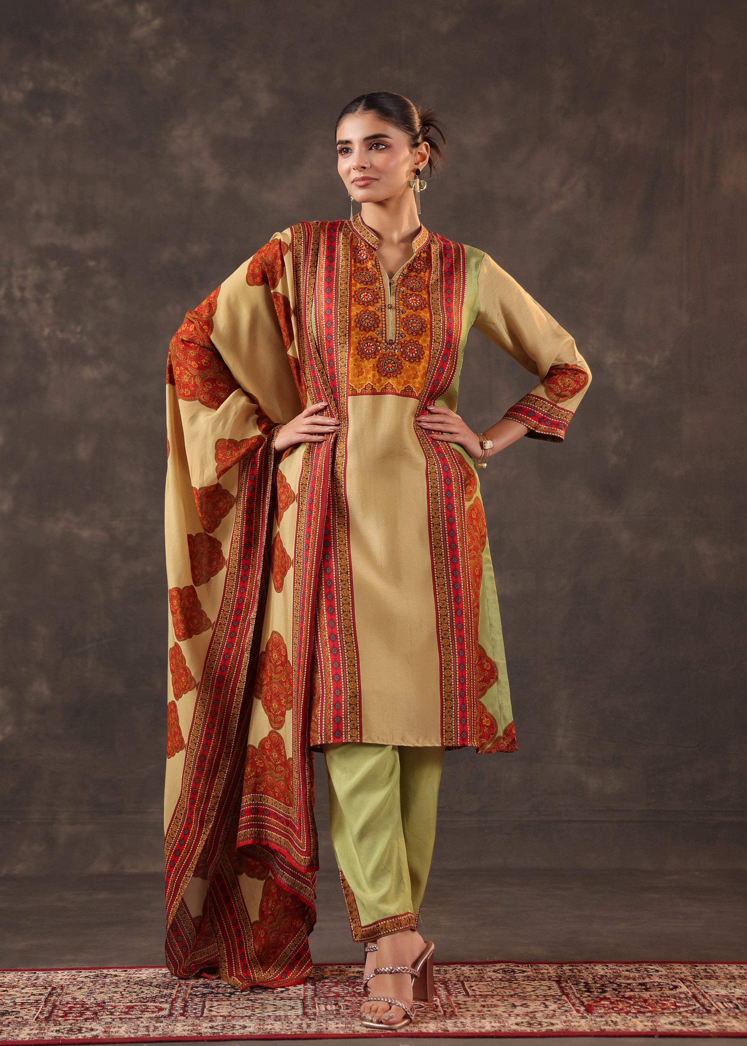 Garnet Gold Printed Premium Silk Pant Set