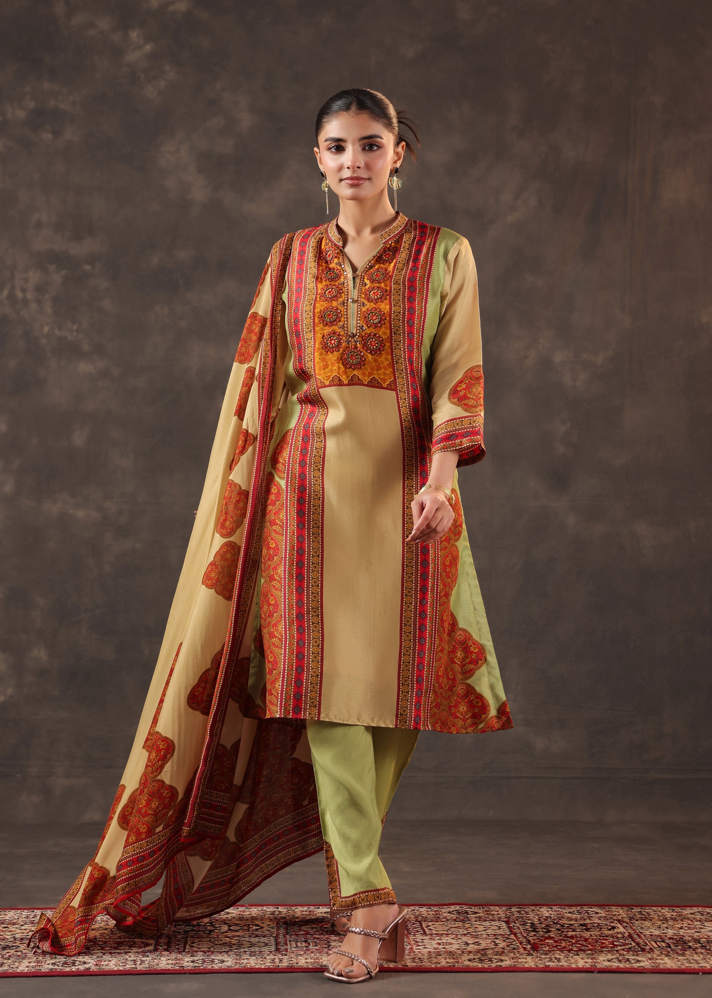 Garnet Gold Printed Premium Silk Pant Set