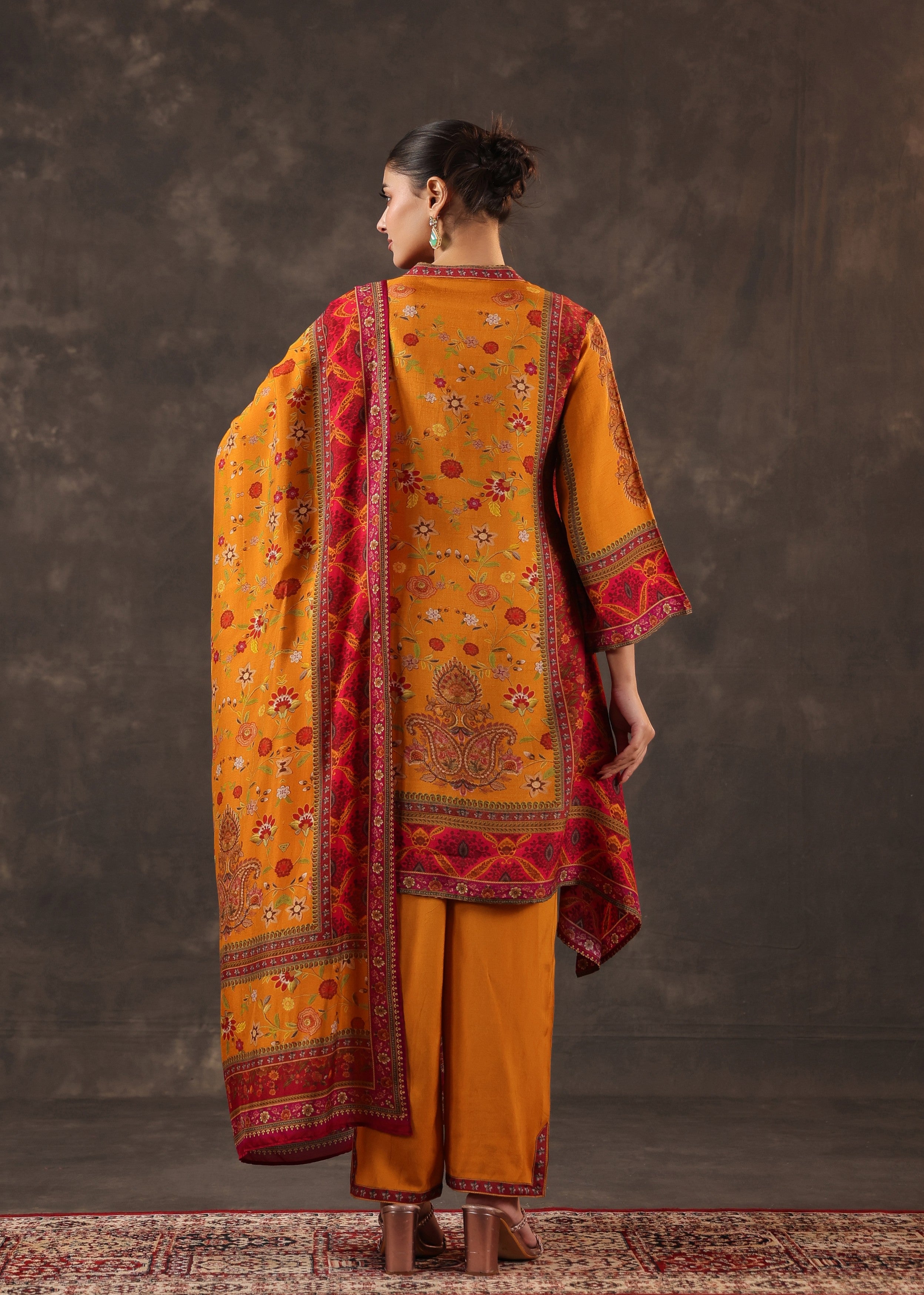 Poppy Orange Printed Dola Silk Pant Set