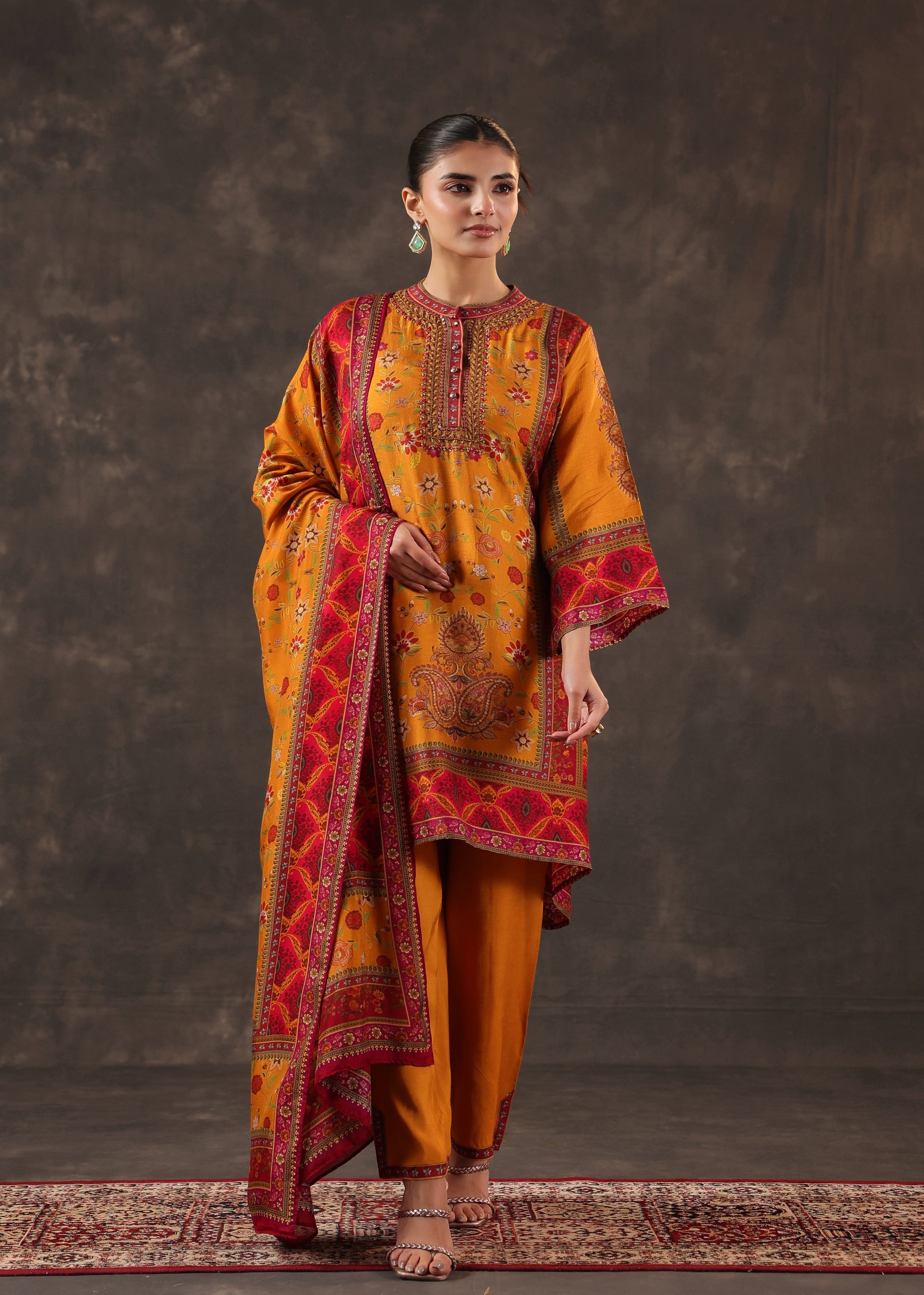 Poppy Orange Printed Dola Silk Pant Set