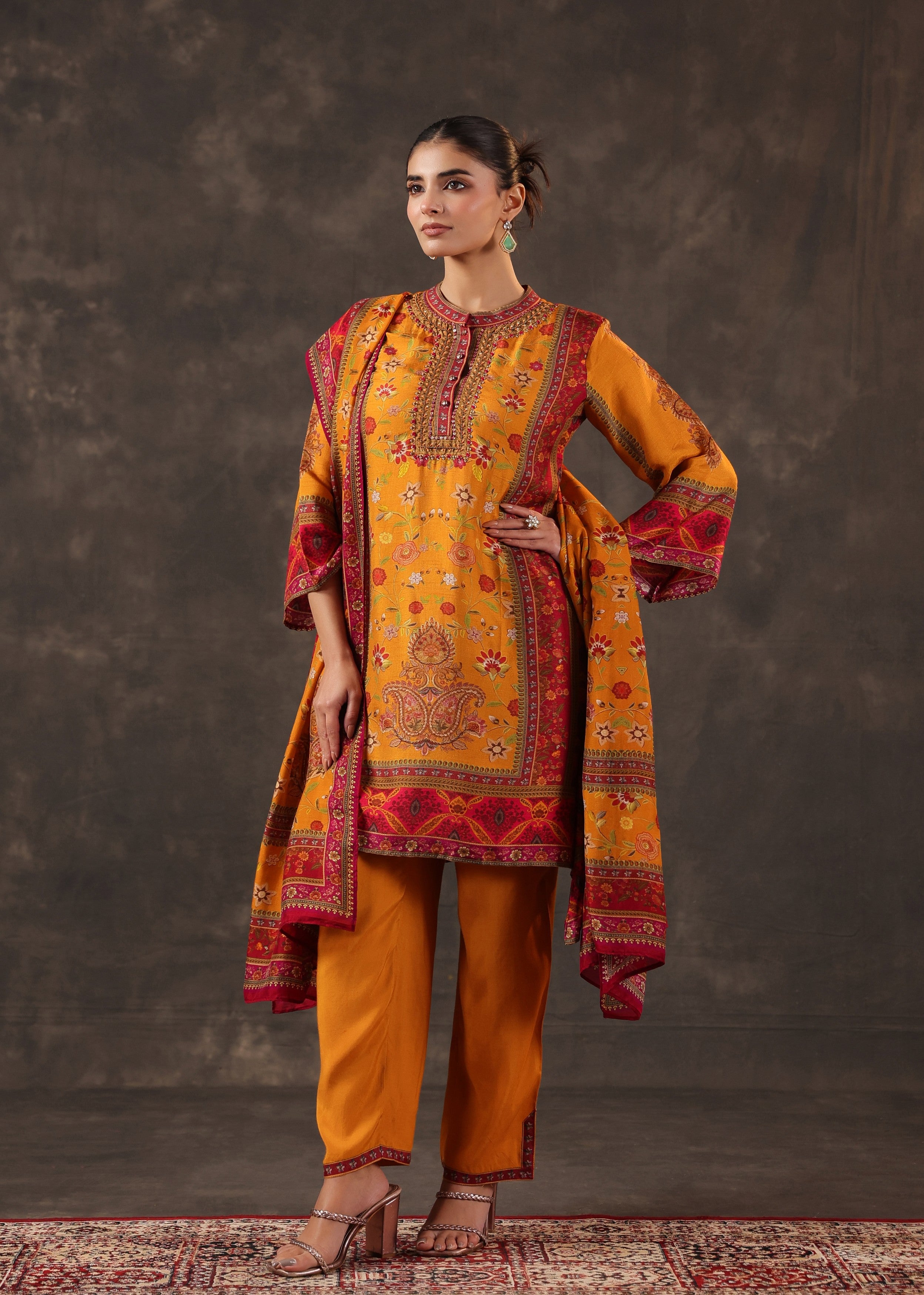 Poppy Orange Printed Dola Silk Pant Set