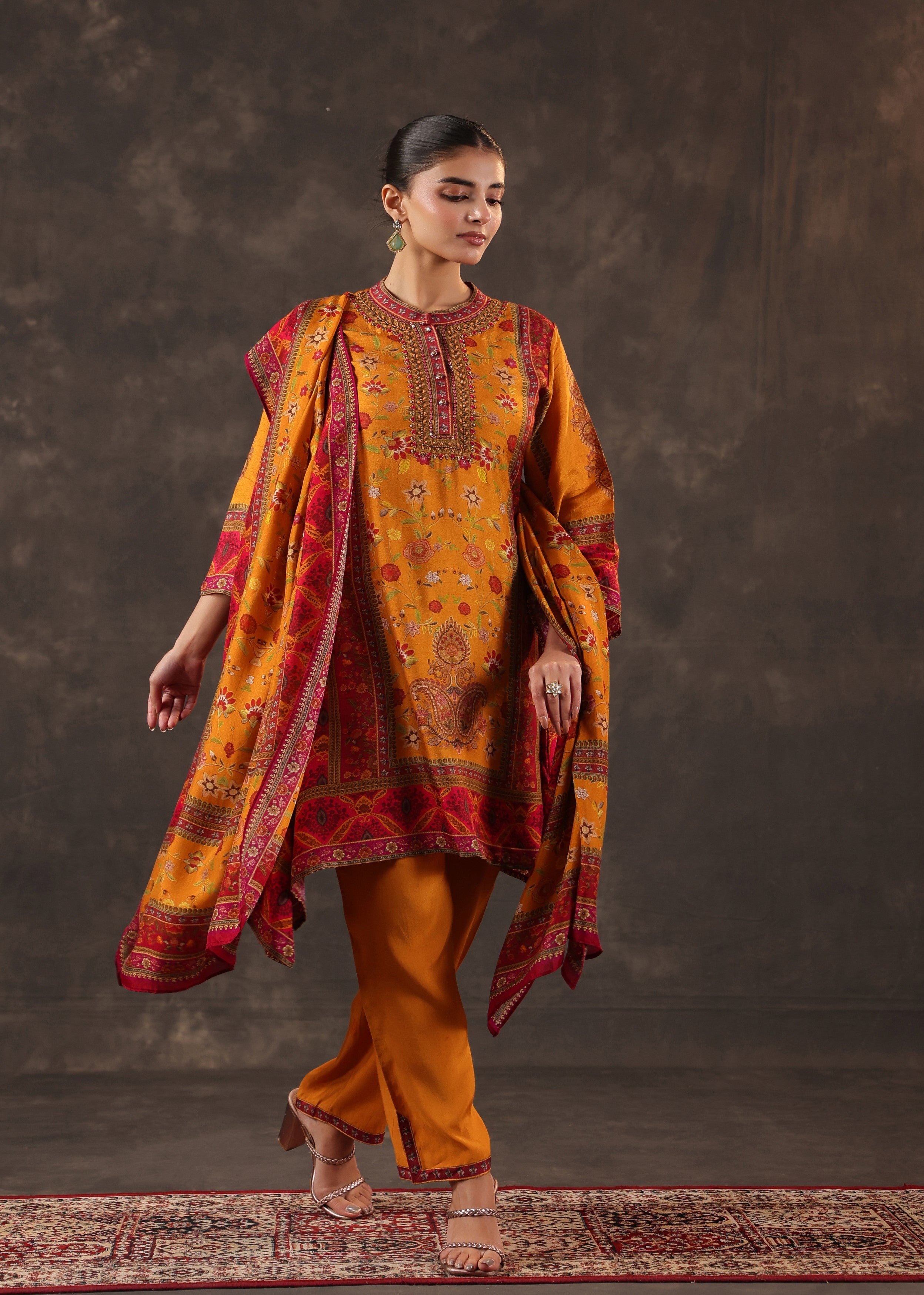 Poppy Orange Printed Dola Silk Pant Set