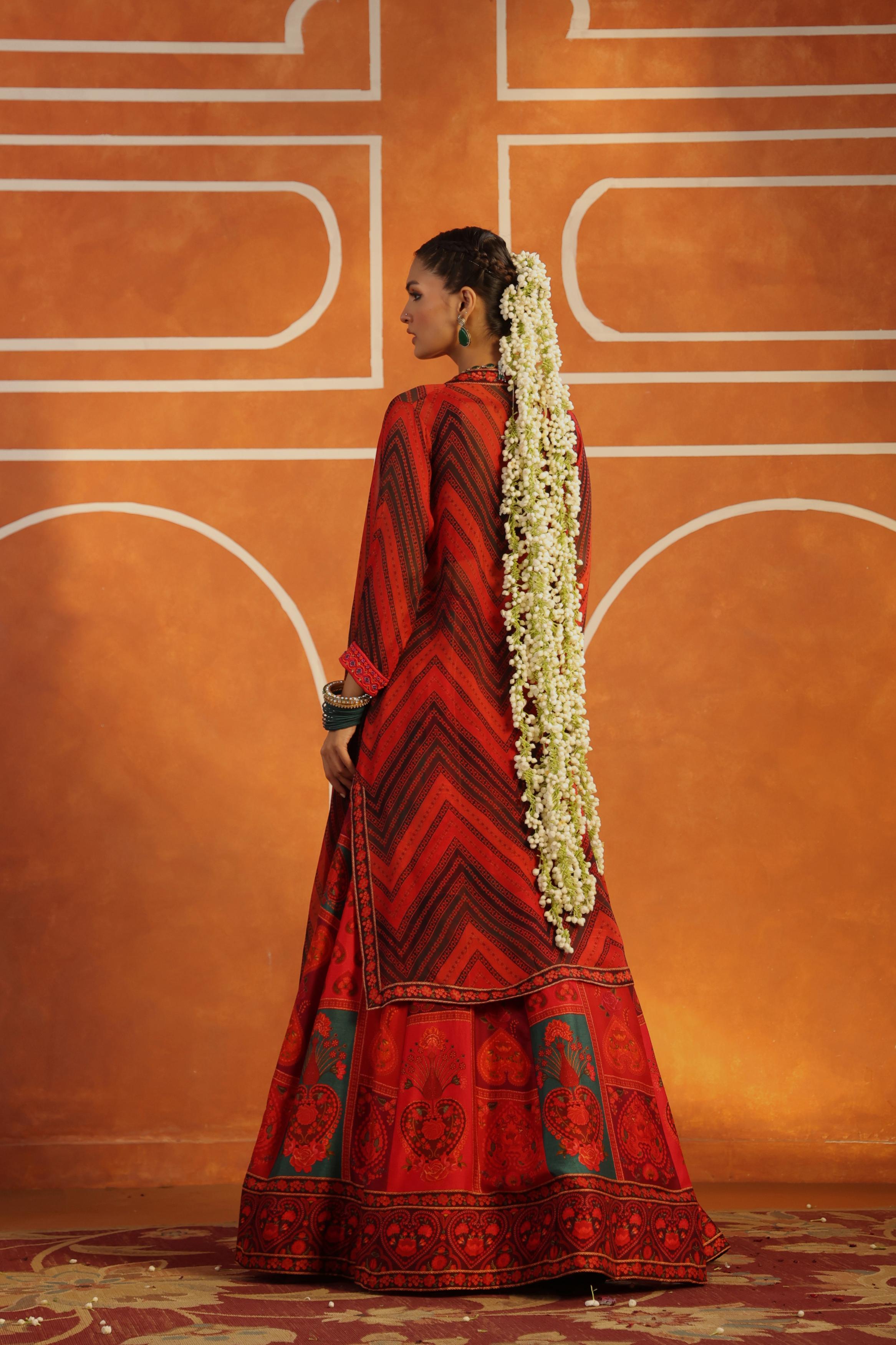 Crimson Red Printed Raw Silk Cape Set