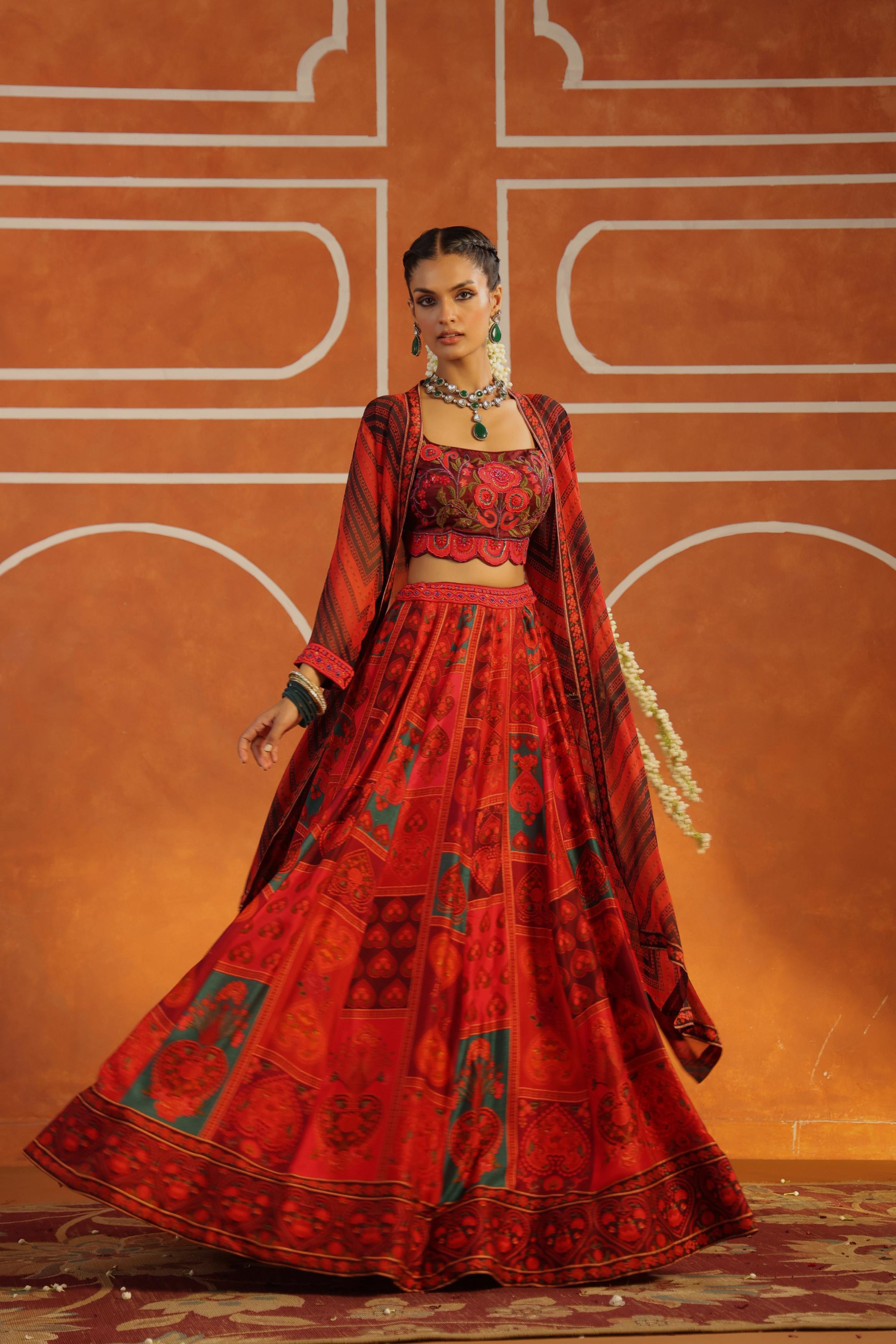 Crimson Red Printed Raw Silk Cape Set