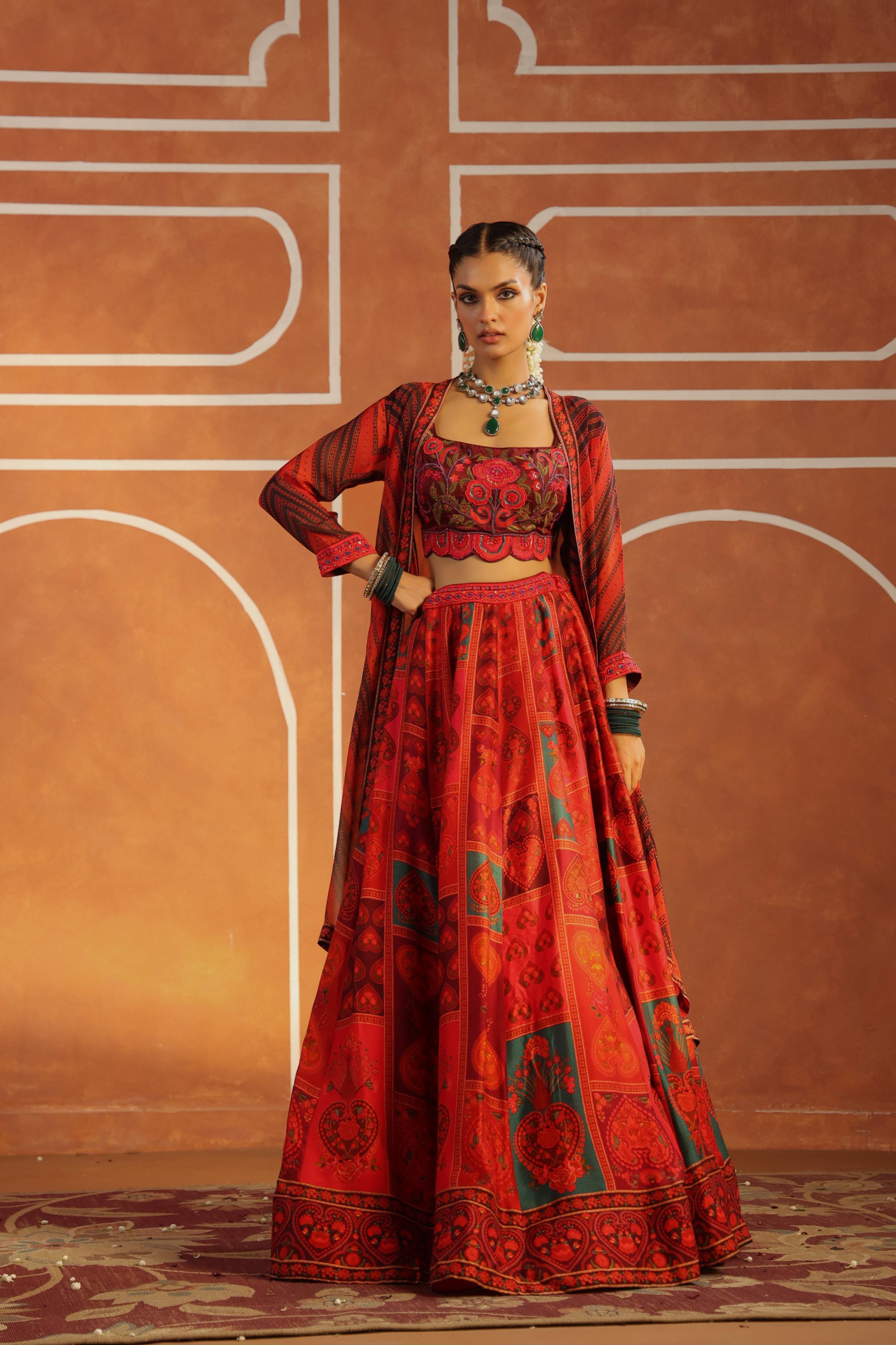 Crimson Red Printed Raw Silk Cape Set