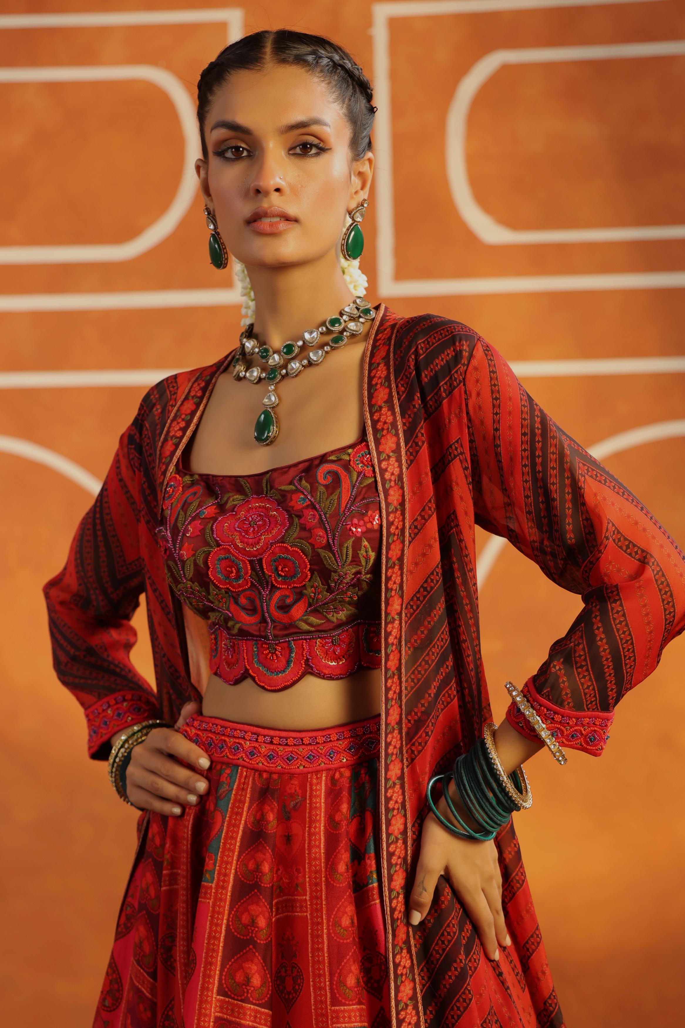 Crimson Red Printed Raw Silk Cape Set