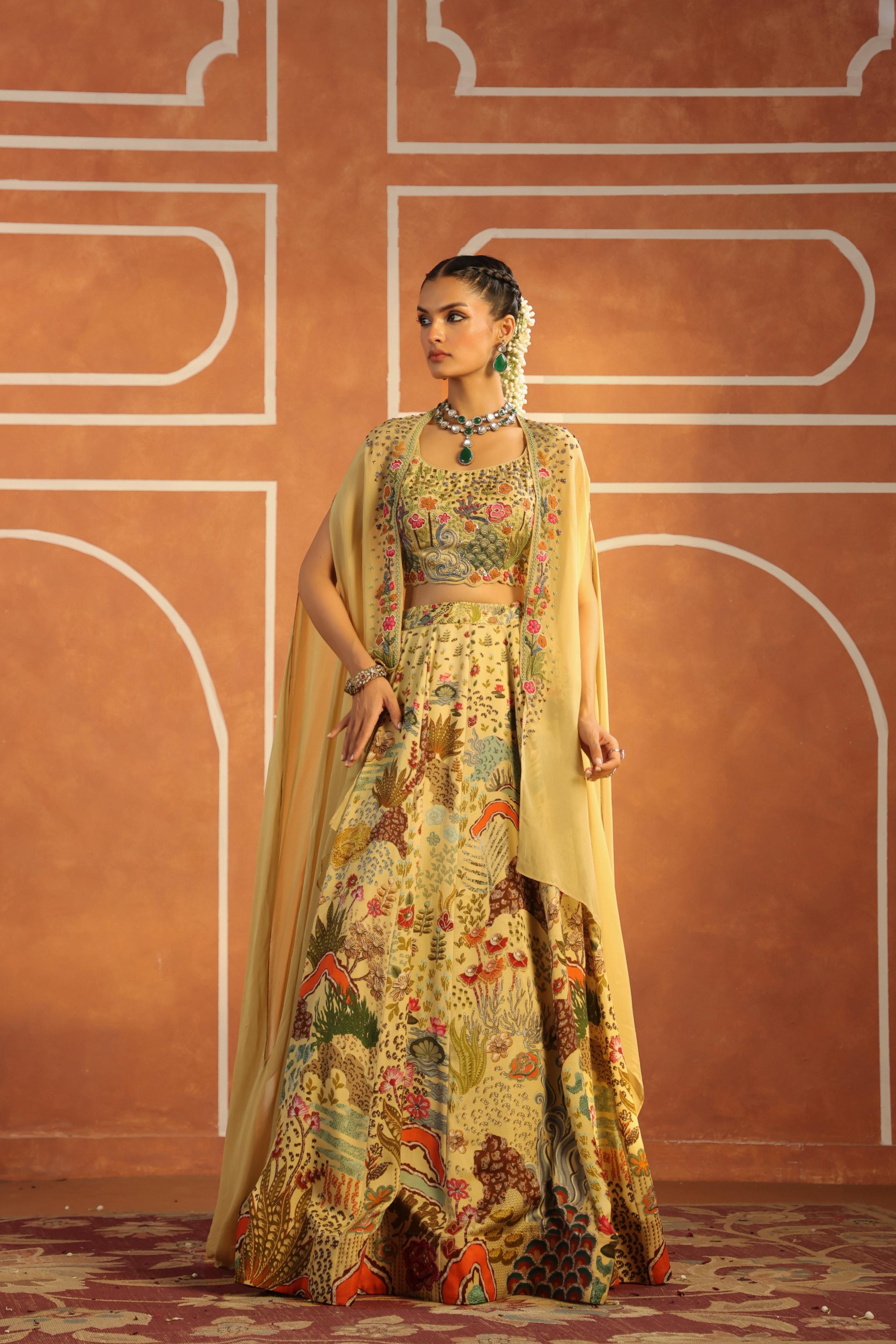 Pastel Yellow Printed Raw Silk Lehenga Cape Set