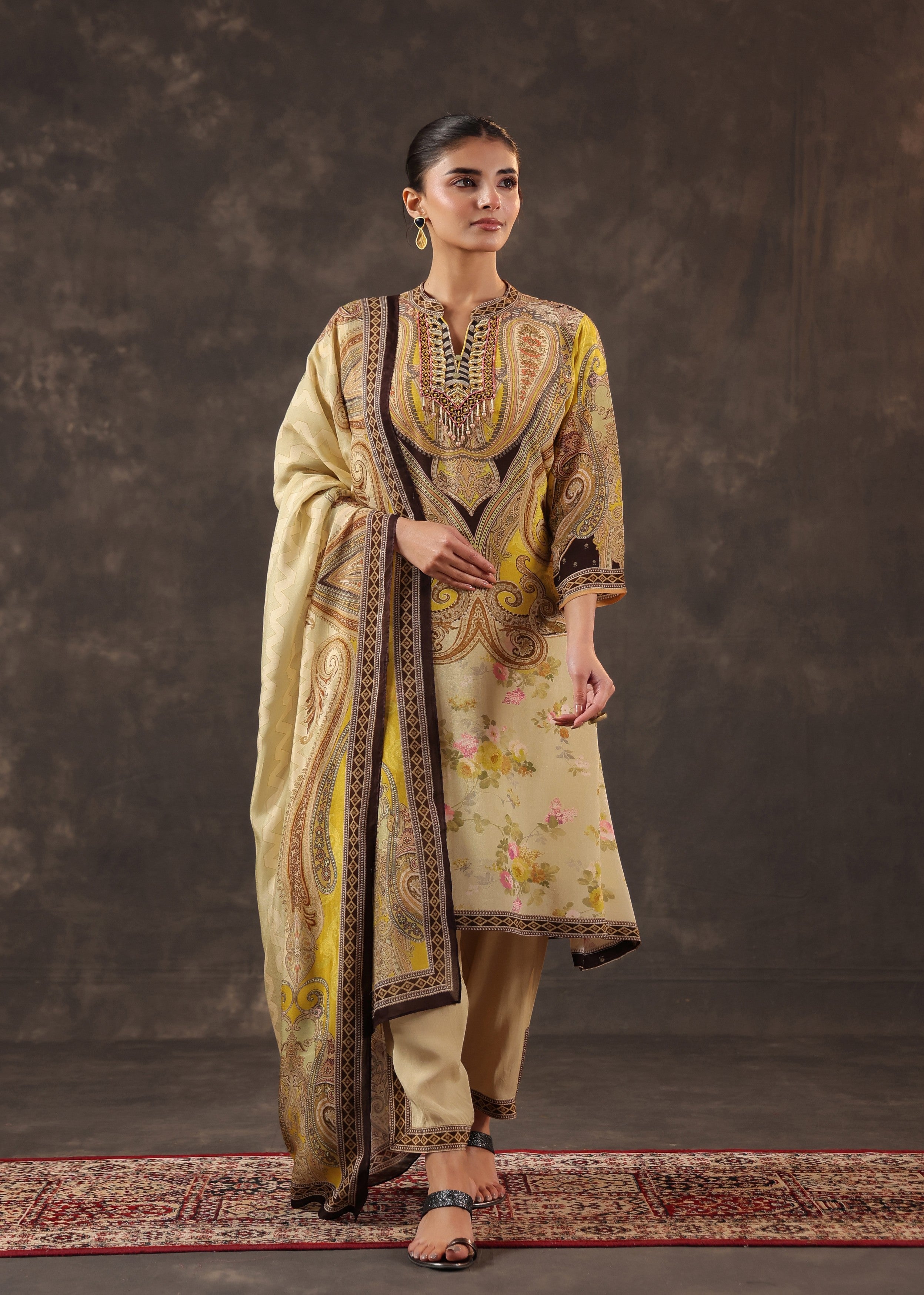 Vintage Sand Printed Crepe Silk Pant Set