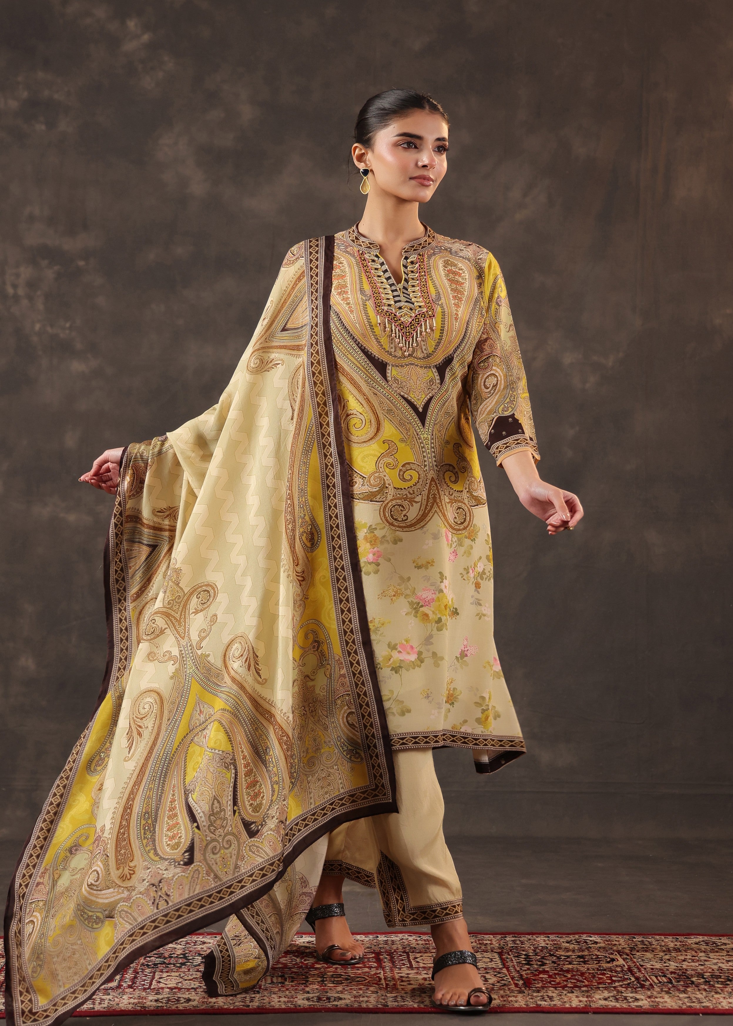 Vintage Sand Printed Crepe Silk Pant Set