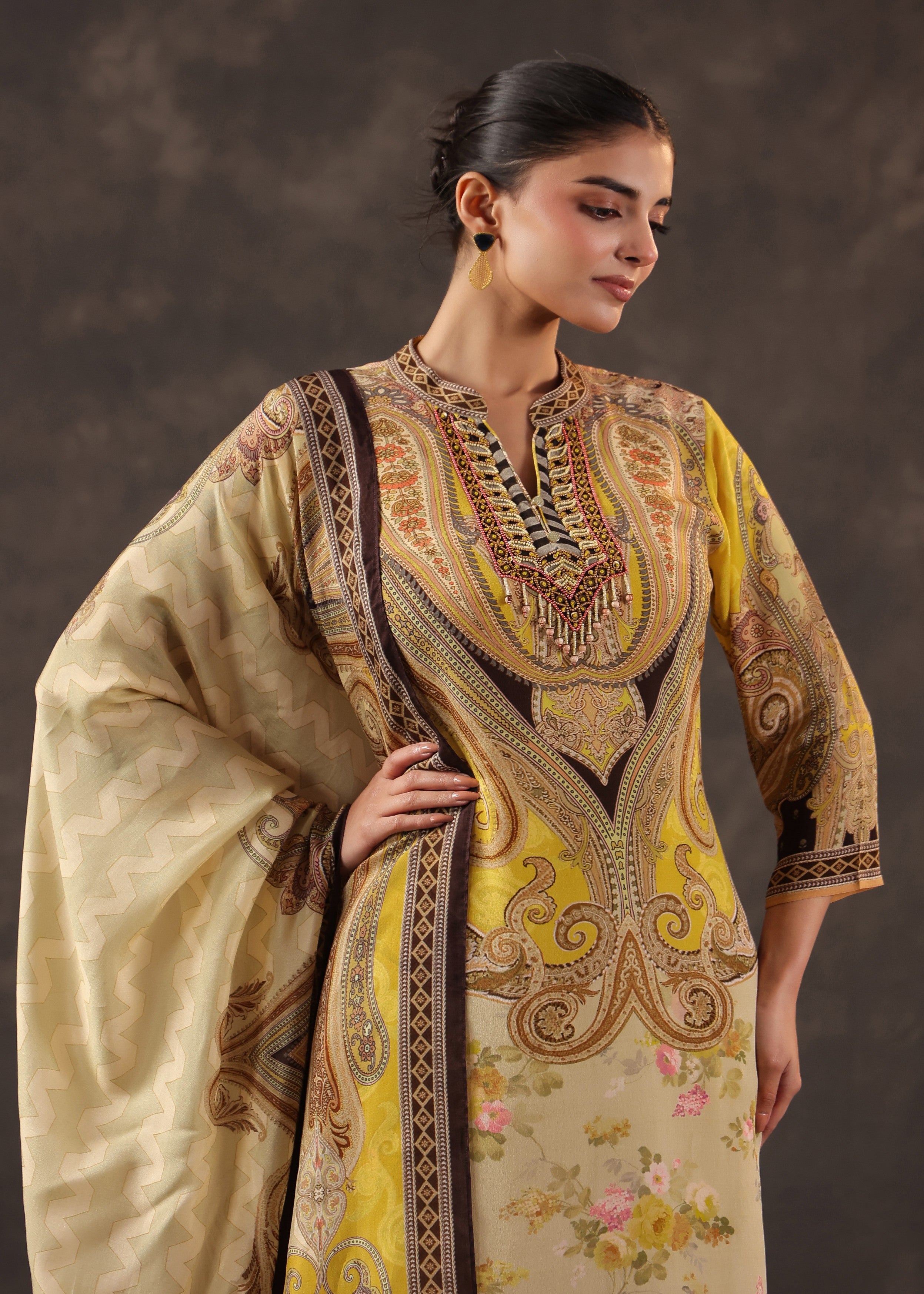 Vintage Sand Printed Crepe Silk Pant Set