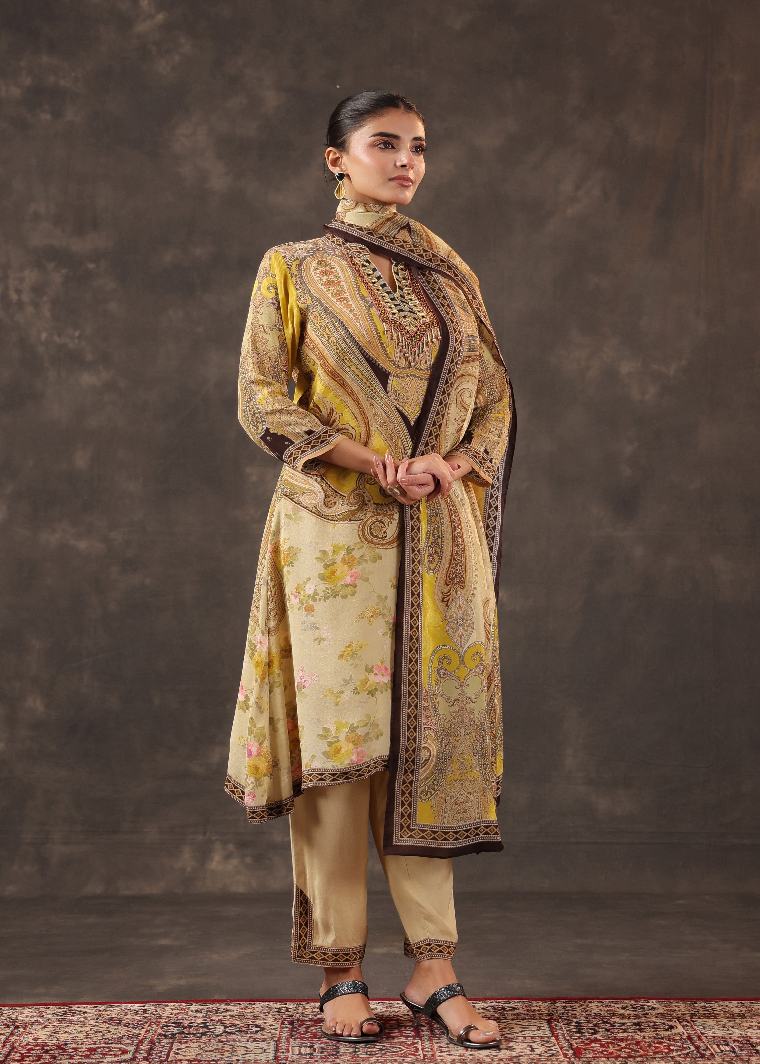 Vintage Sand Printed Crepe Silk Pant Set