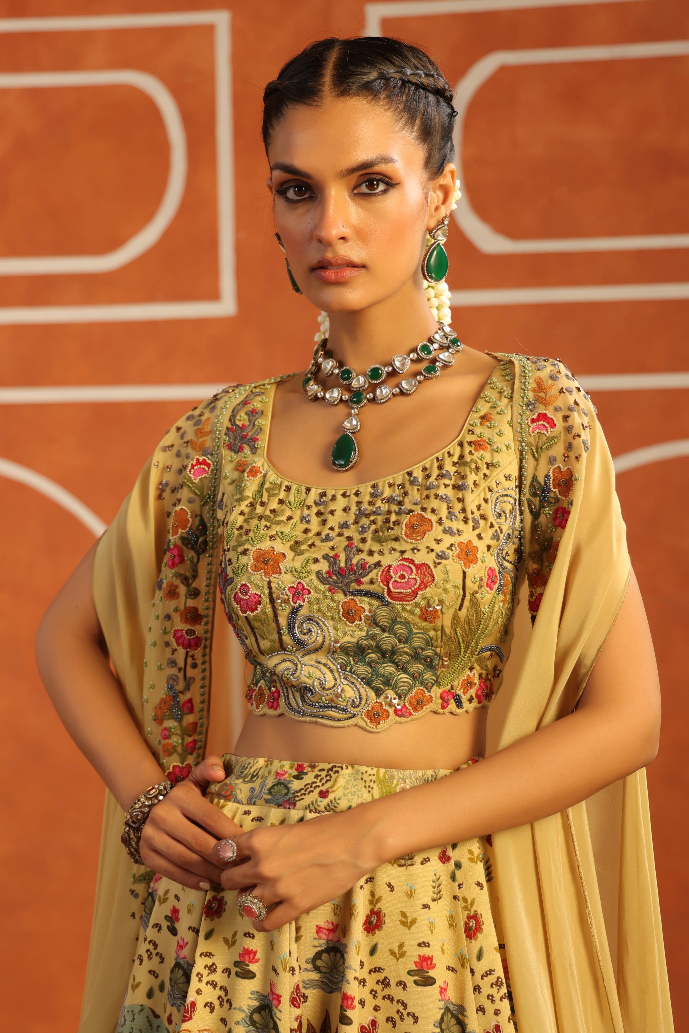 Pastel Yellow Printed Raw Silk Lehenga Cape Set