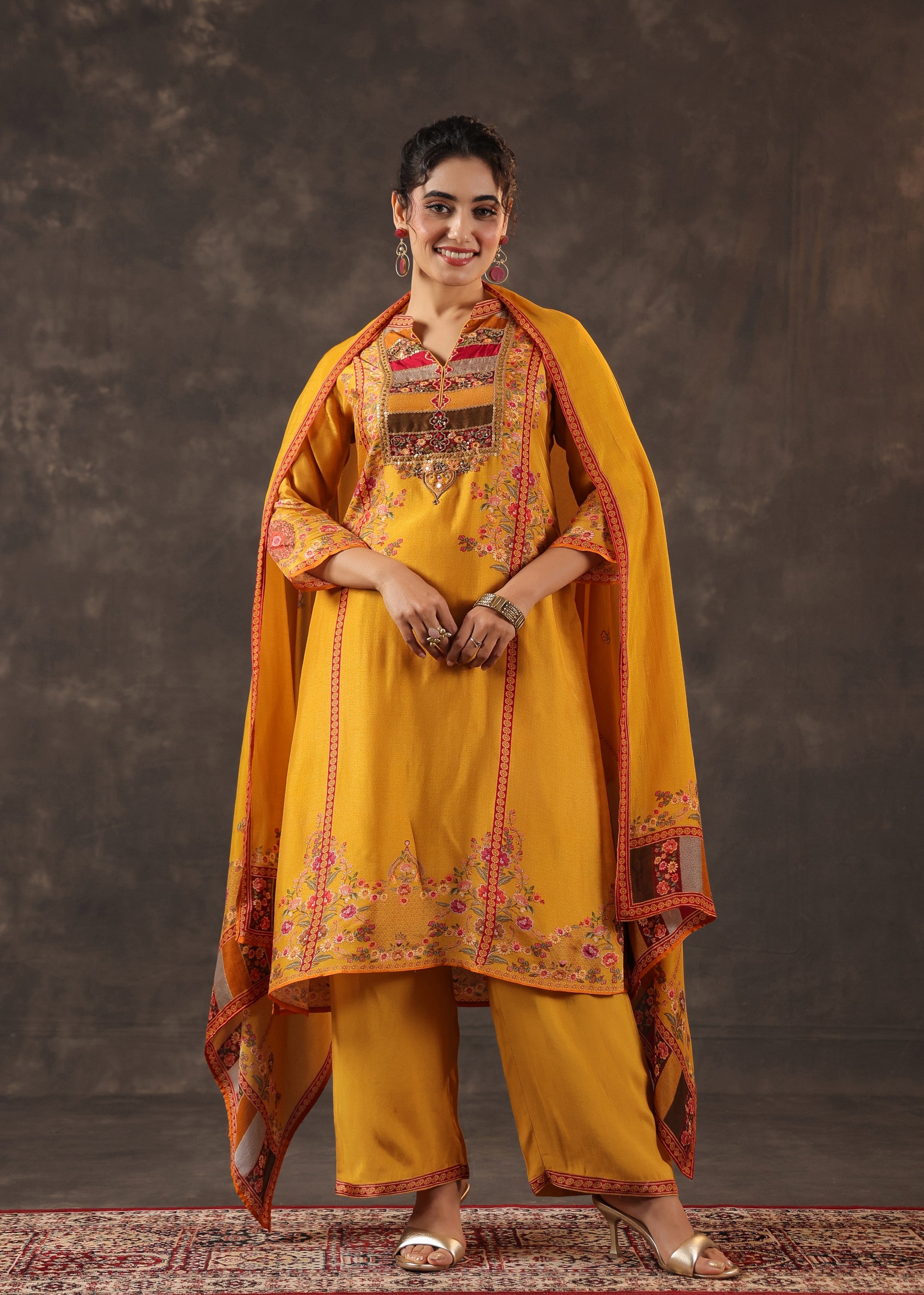 Dark Marigold Embellished Premium Silk Pant Set