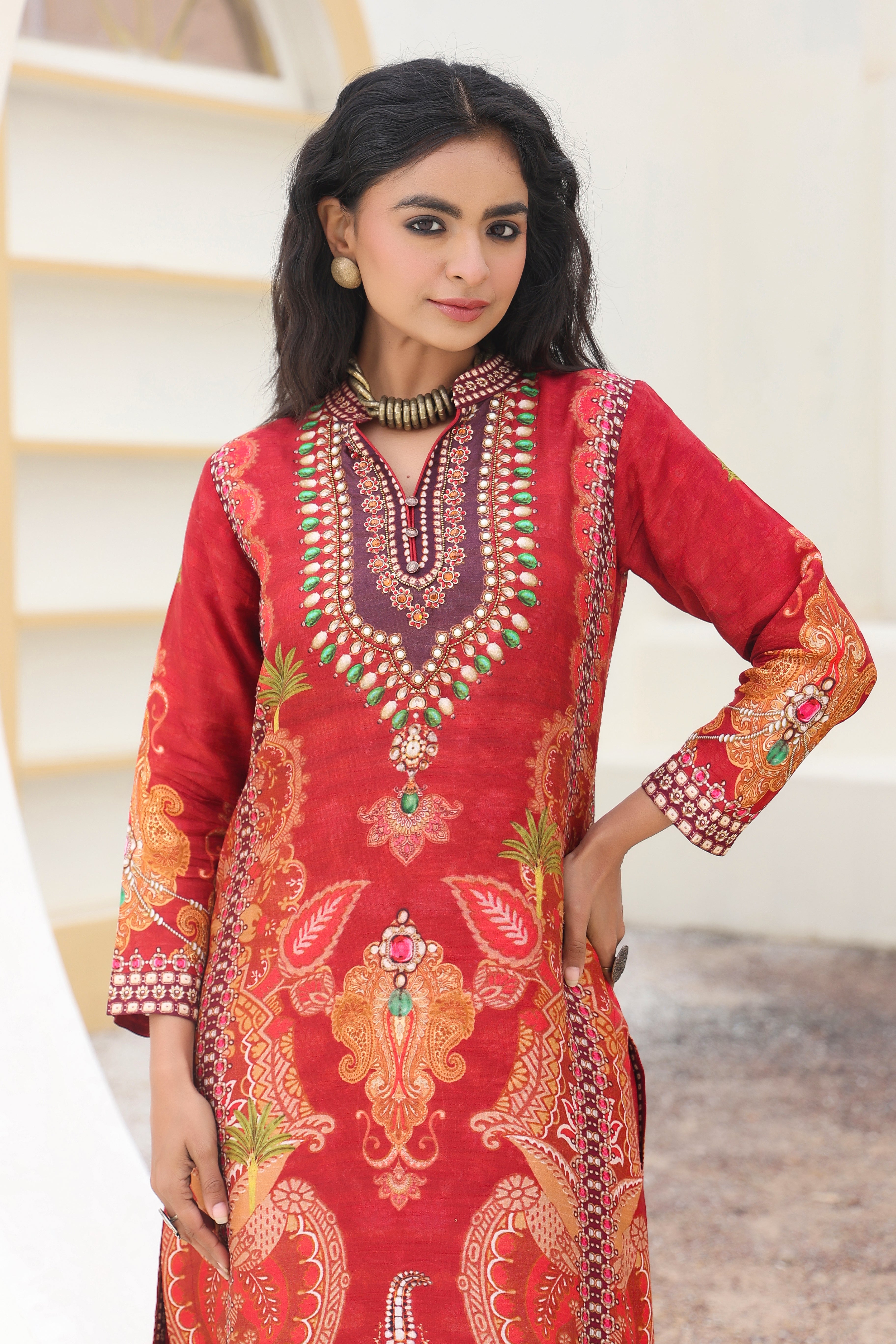 Red Ethnic Printed Dola Silk Kurta Palazzo Set
