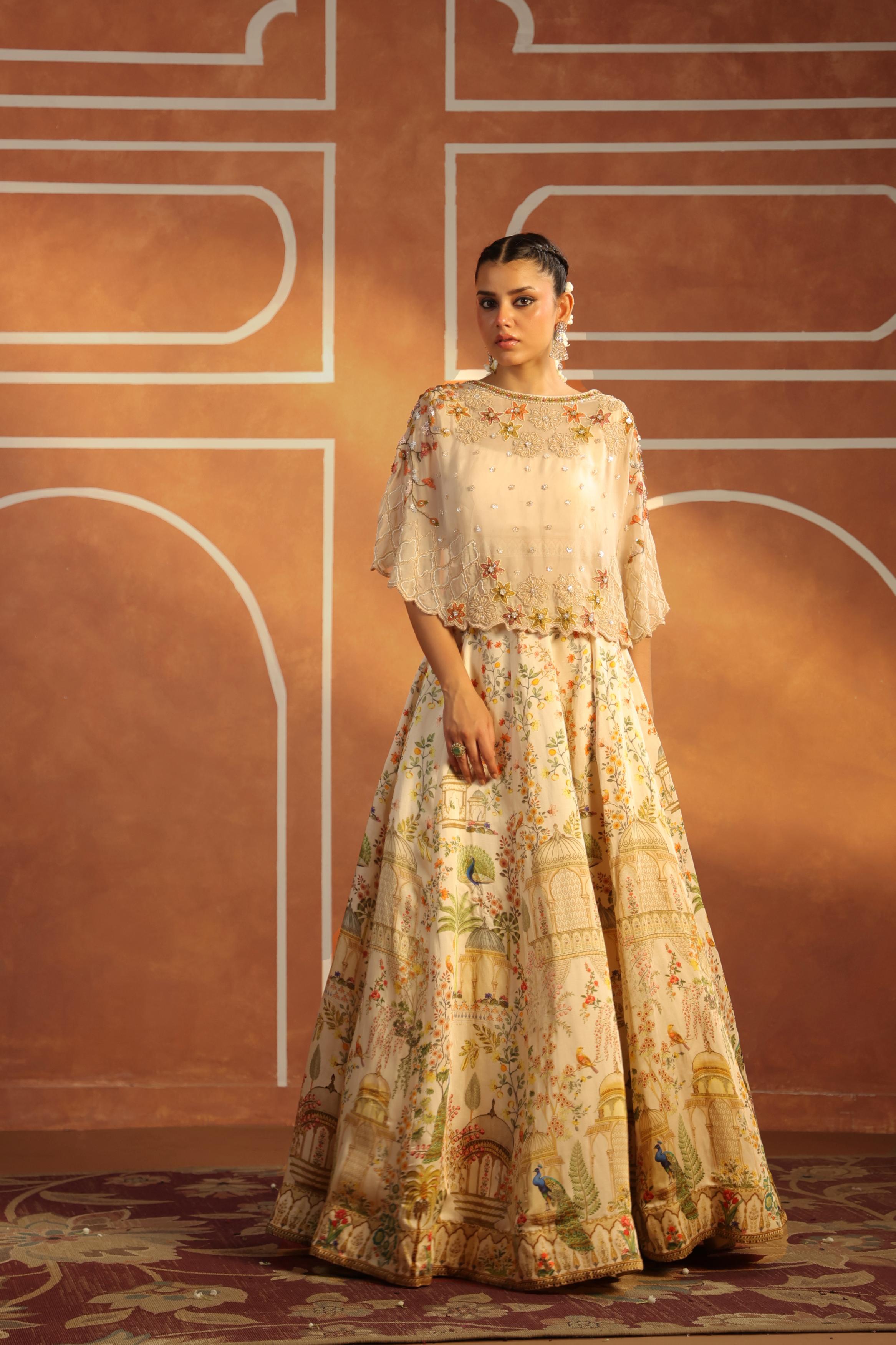 Beige Printed Linen Satin Silk Lehenga Set