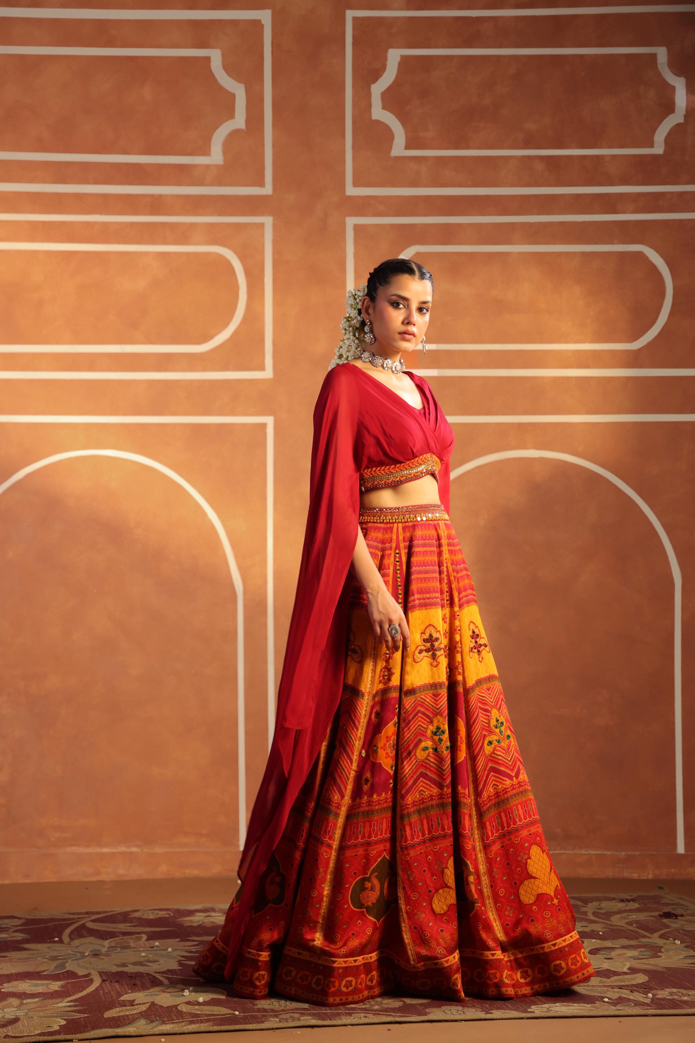 Multicolor Printed Linen Satin Silk Lehenga Set