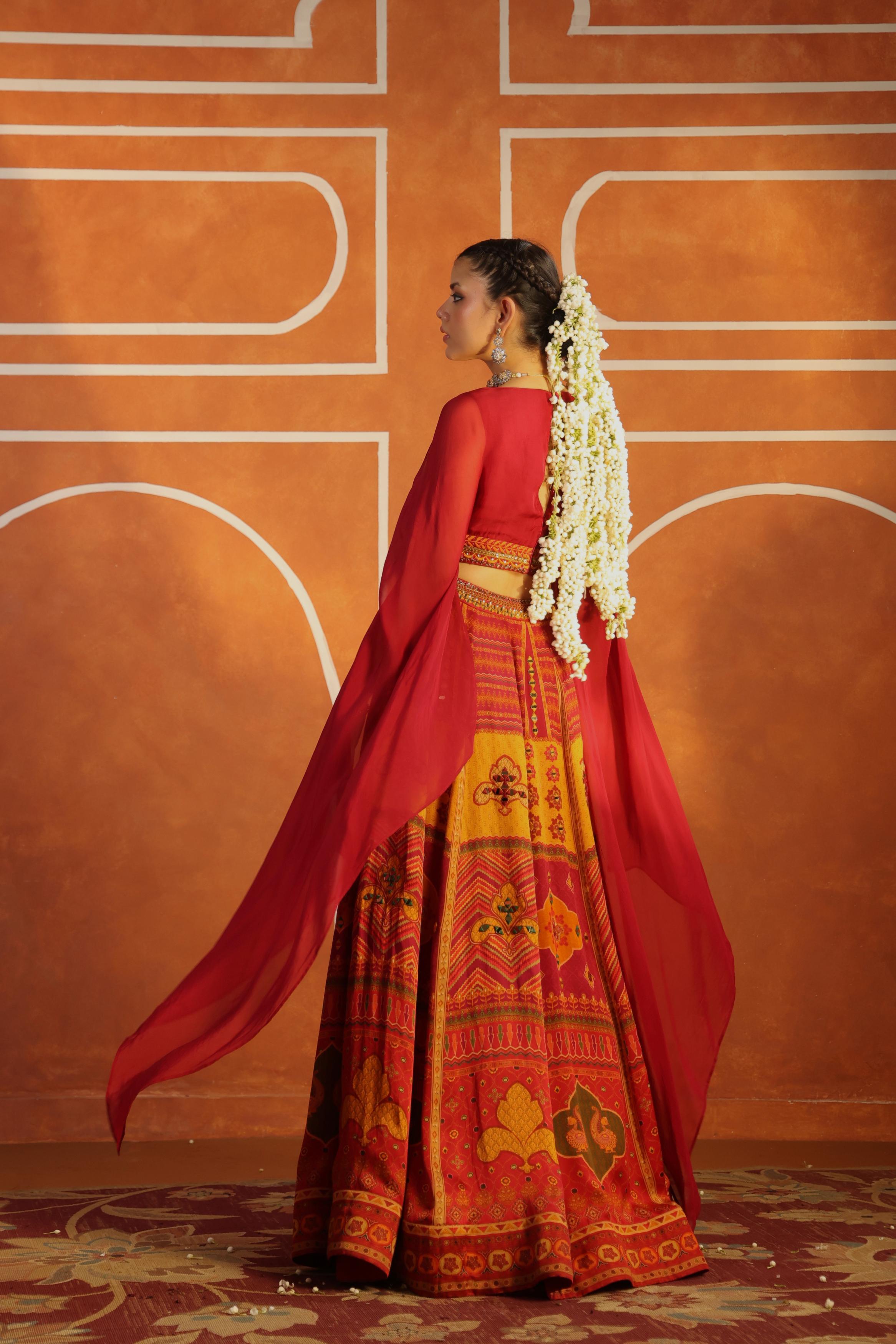 Multicolor Printed Linen Satin Silk Lehenga Set