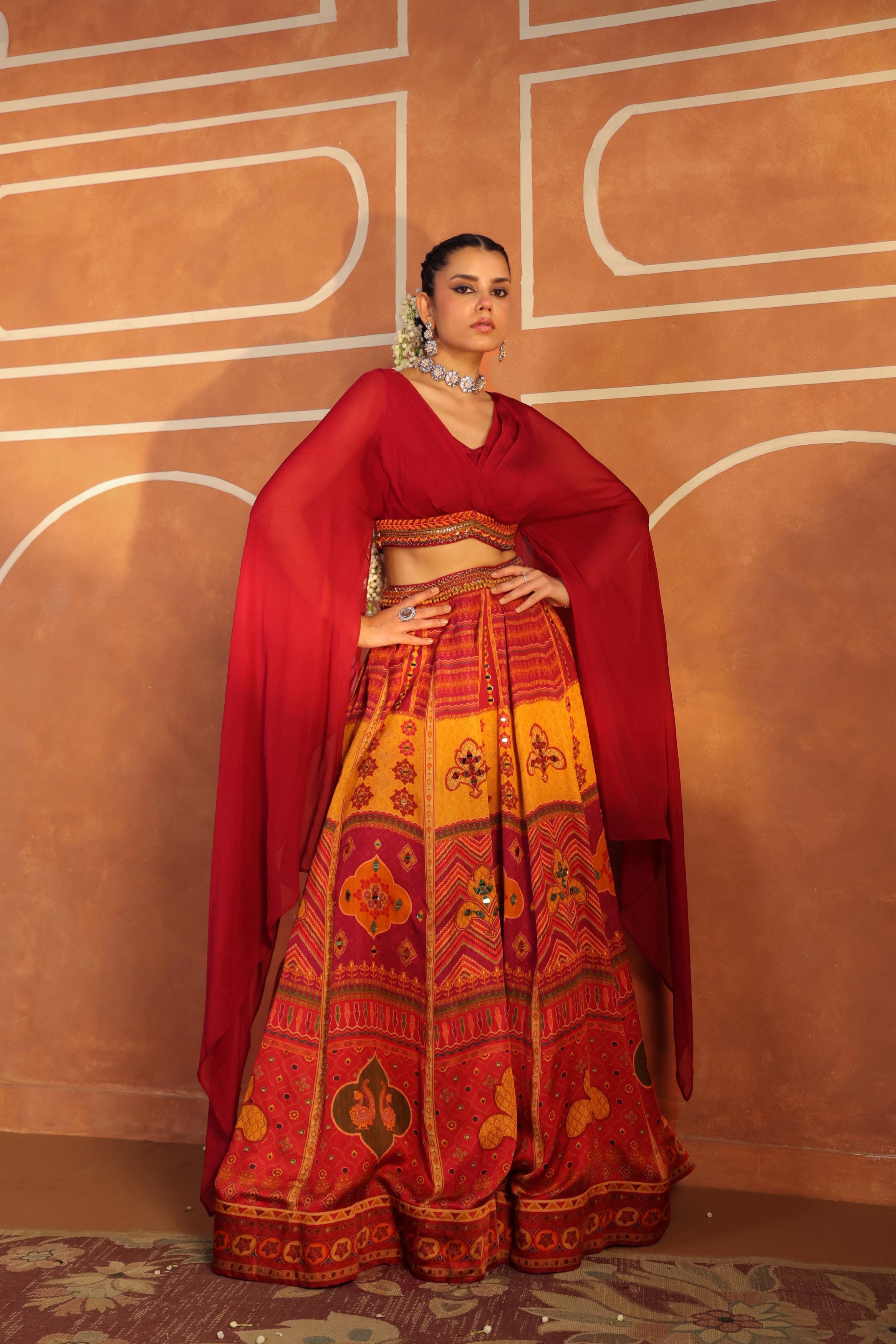 Multicolor Printed Linen Satin Silk Lehenga Set