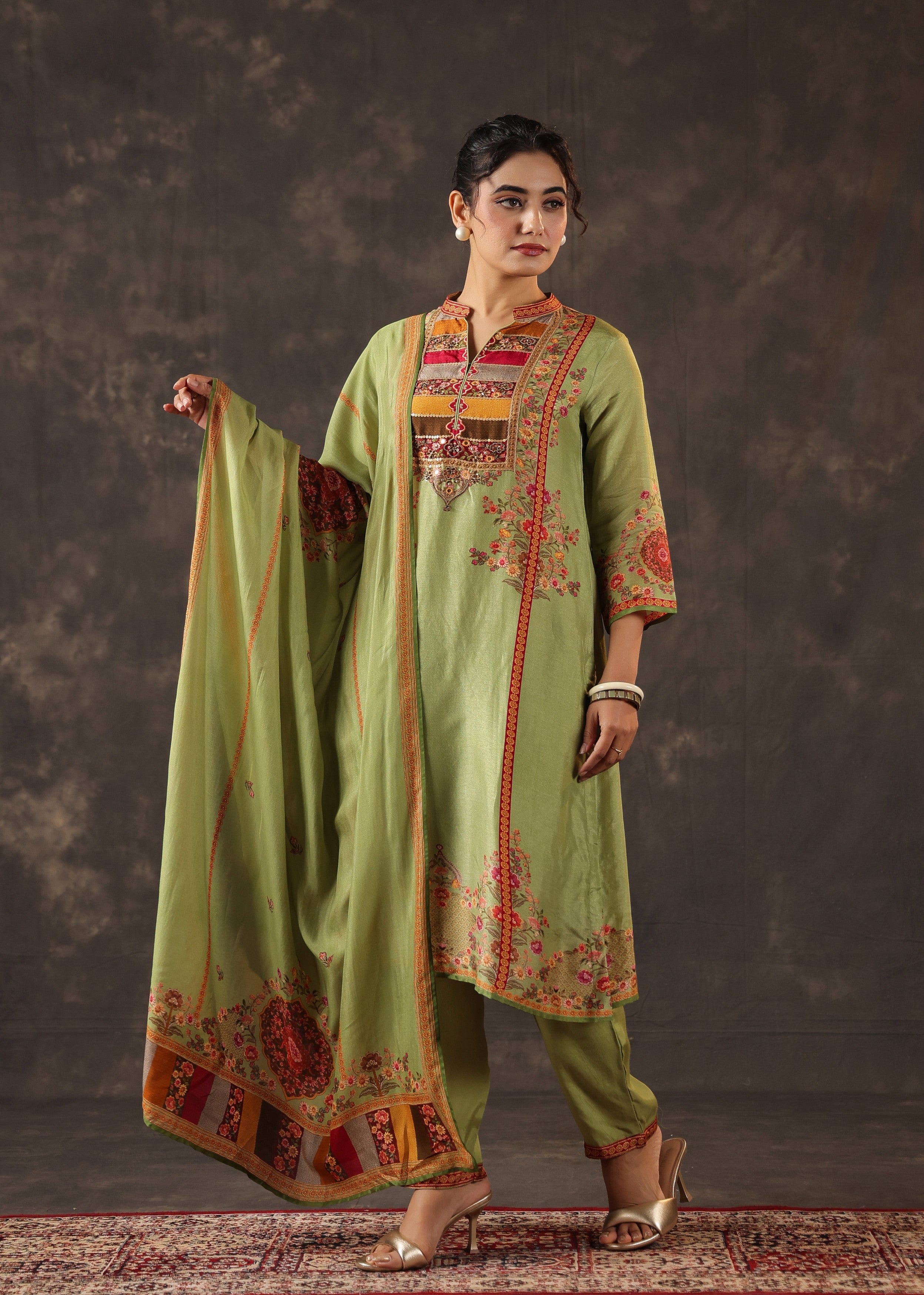 Pistachio Green Embellished Premium Silk Pant Set