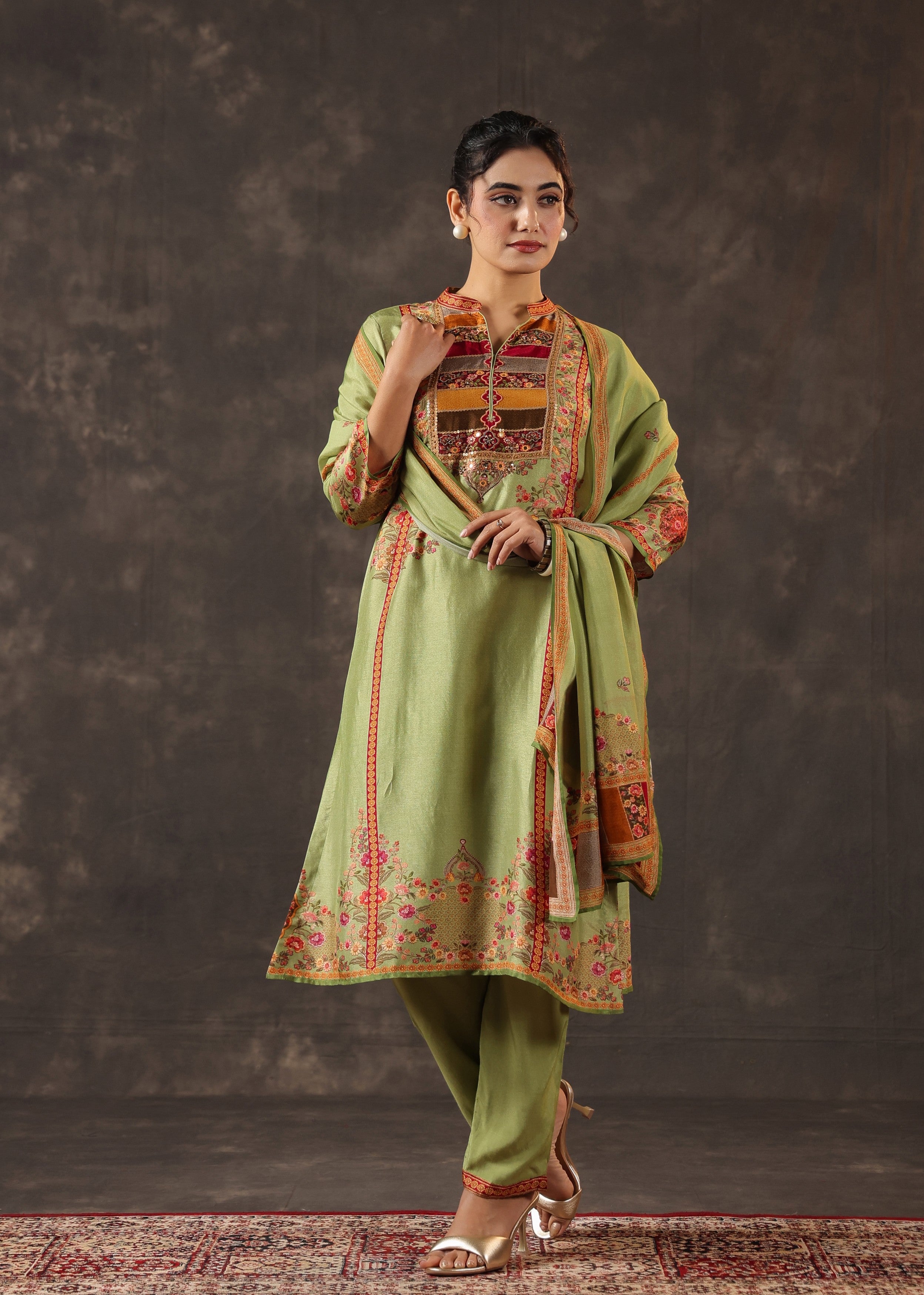 Pistachio Green Embellished Premium Silk Pant Set