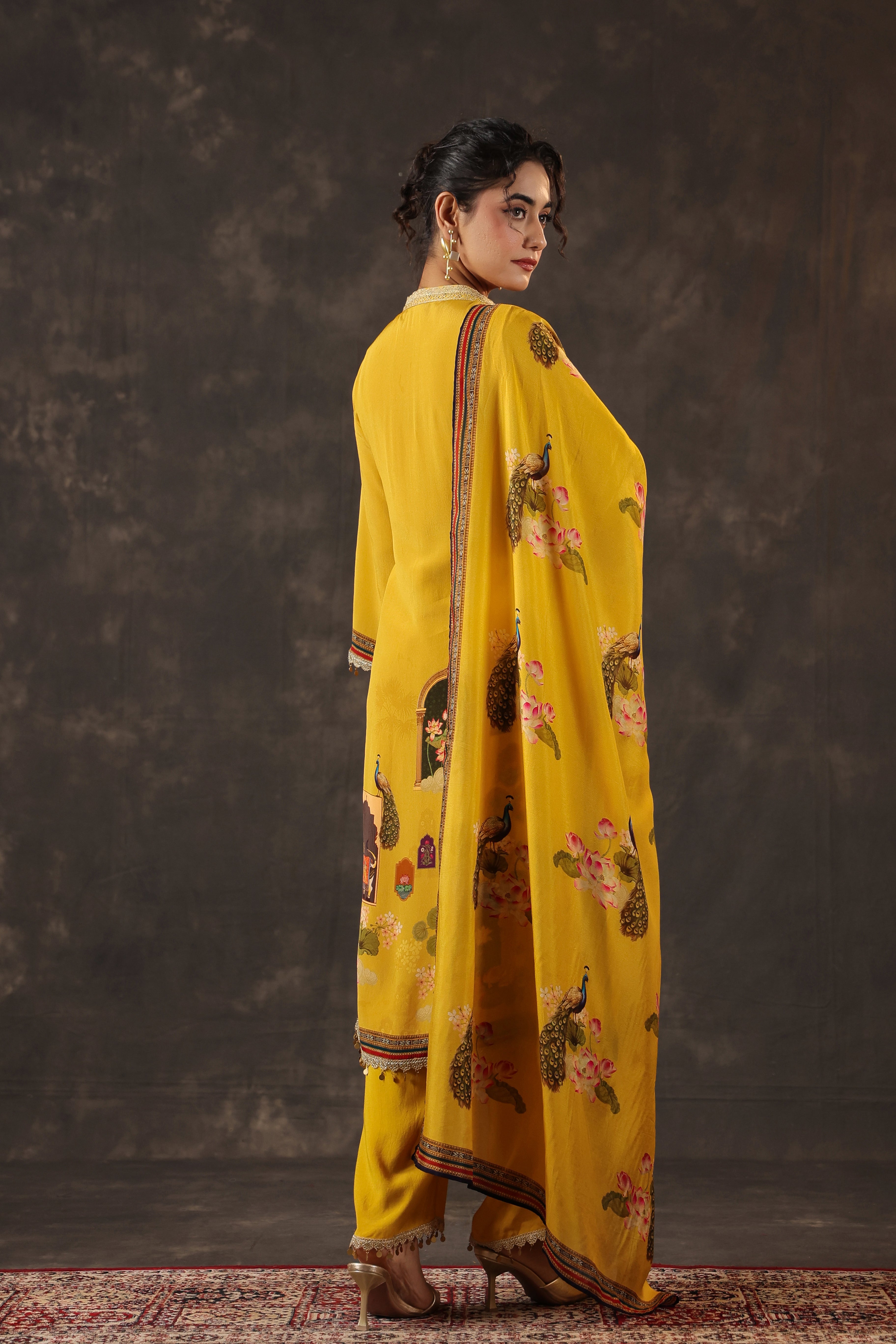 Saffron Yellow Printed Crepe Silk Pant Set