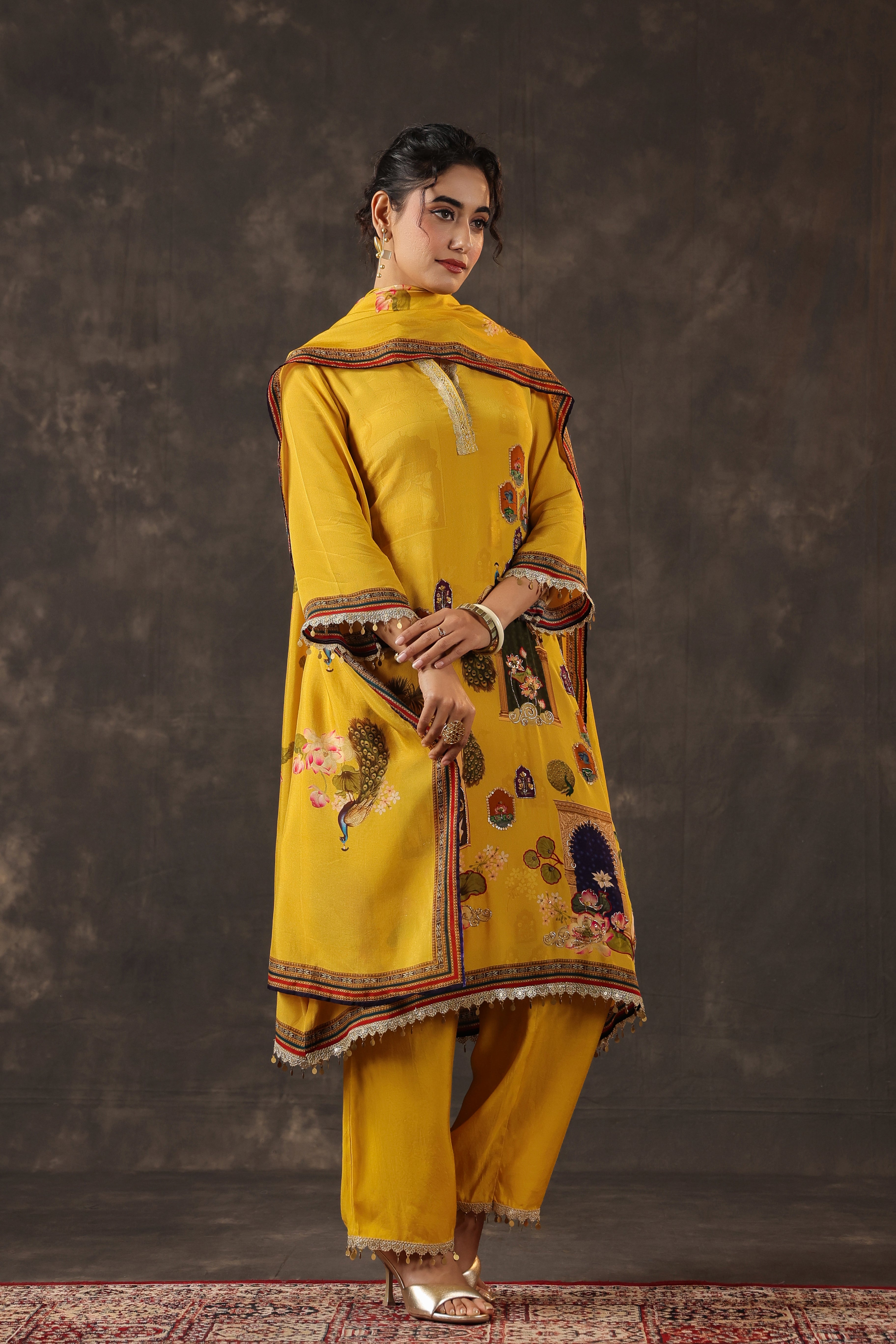 Saffron Yellow Printed Crepe Silk Pant Set
