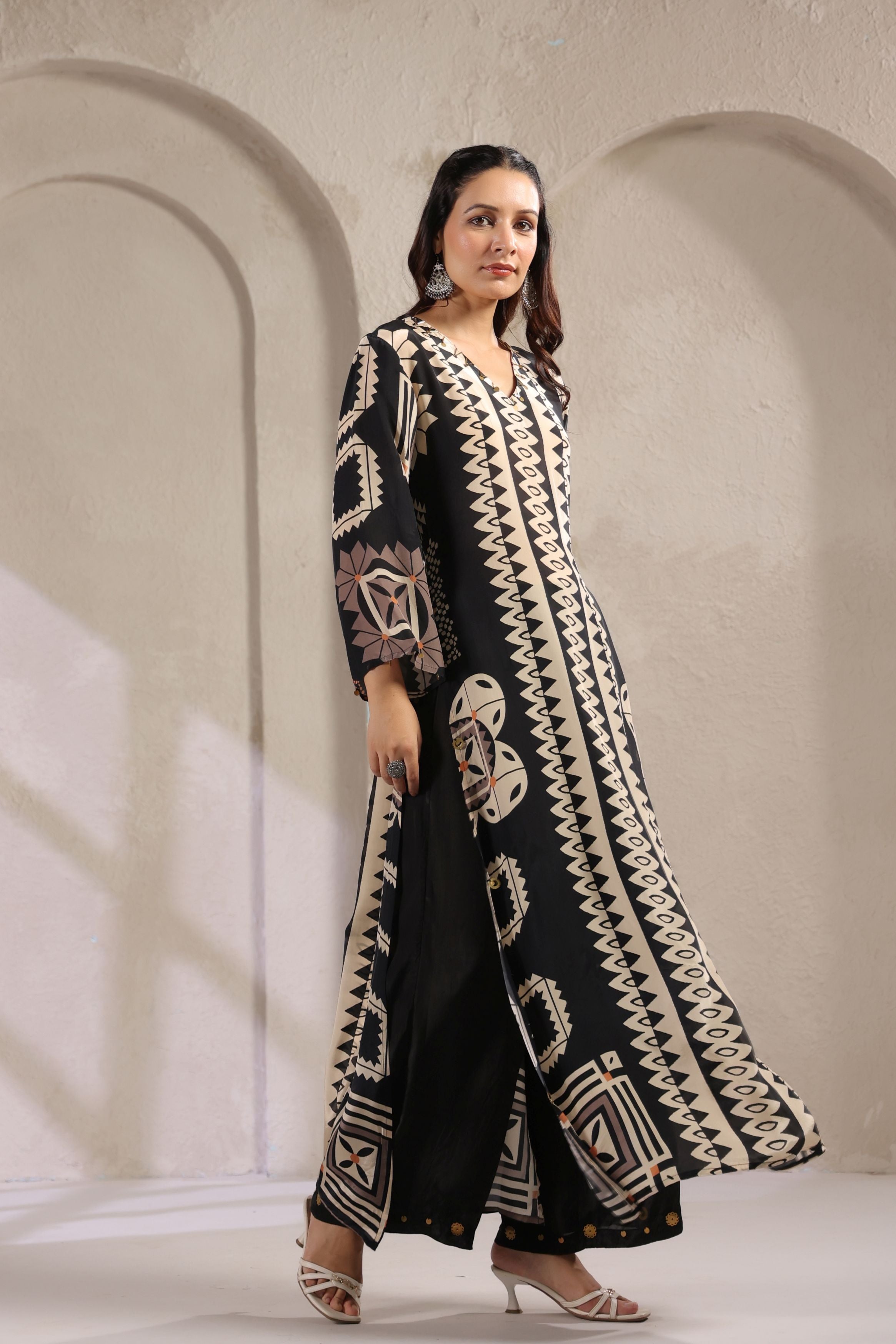 Classic Black Printed Italian Paper Silk Kurta Set