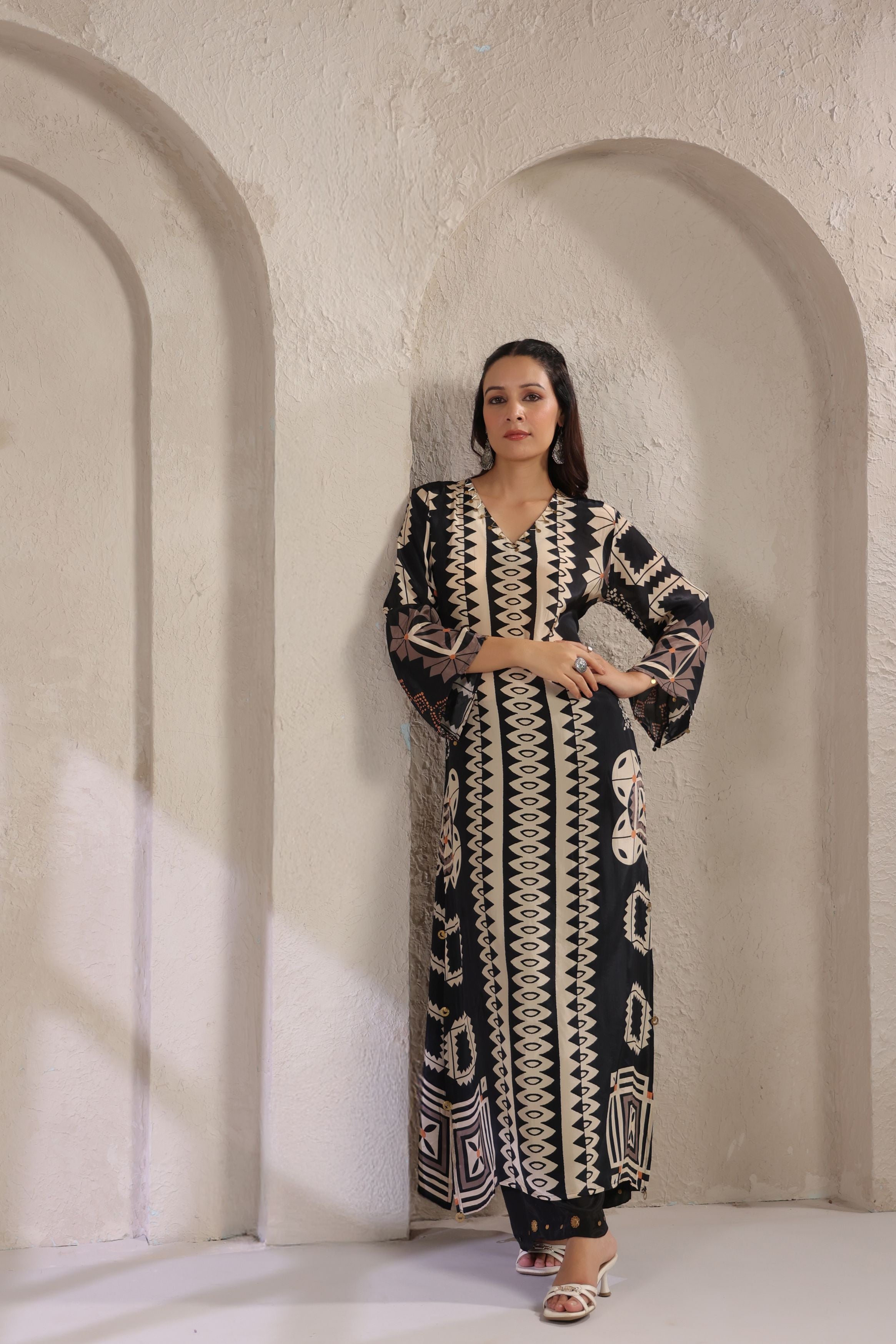 Classic Black Printed Italian Paper Silk Kurta Set