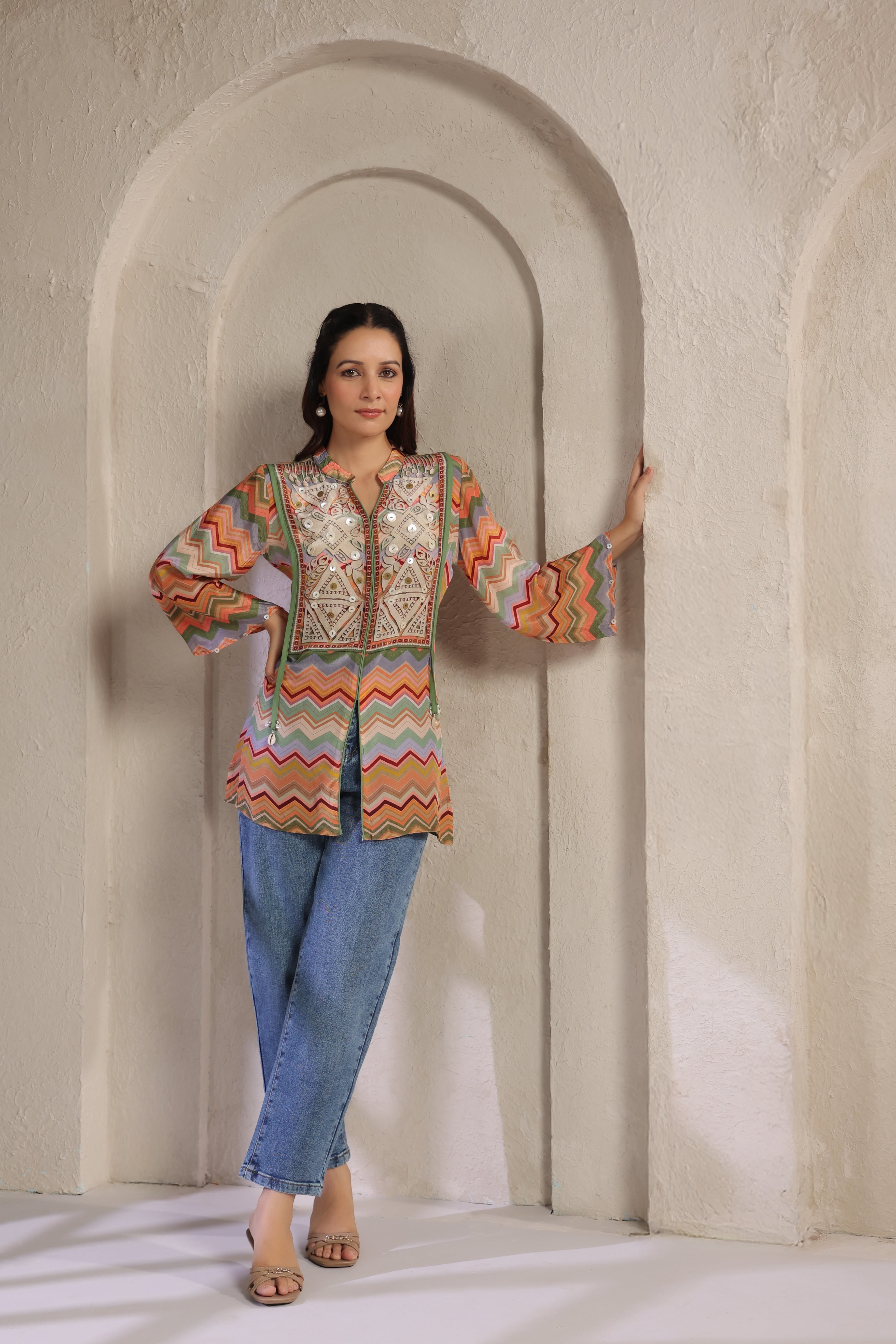 Multi-Colored Chevron Printed Muslin Silk Tunic