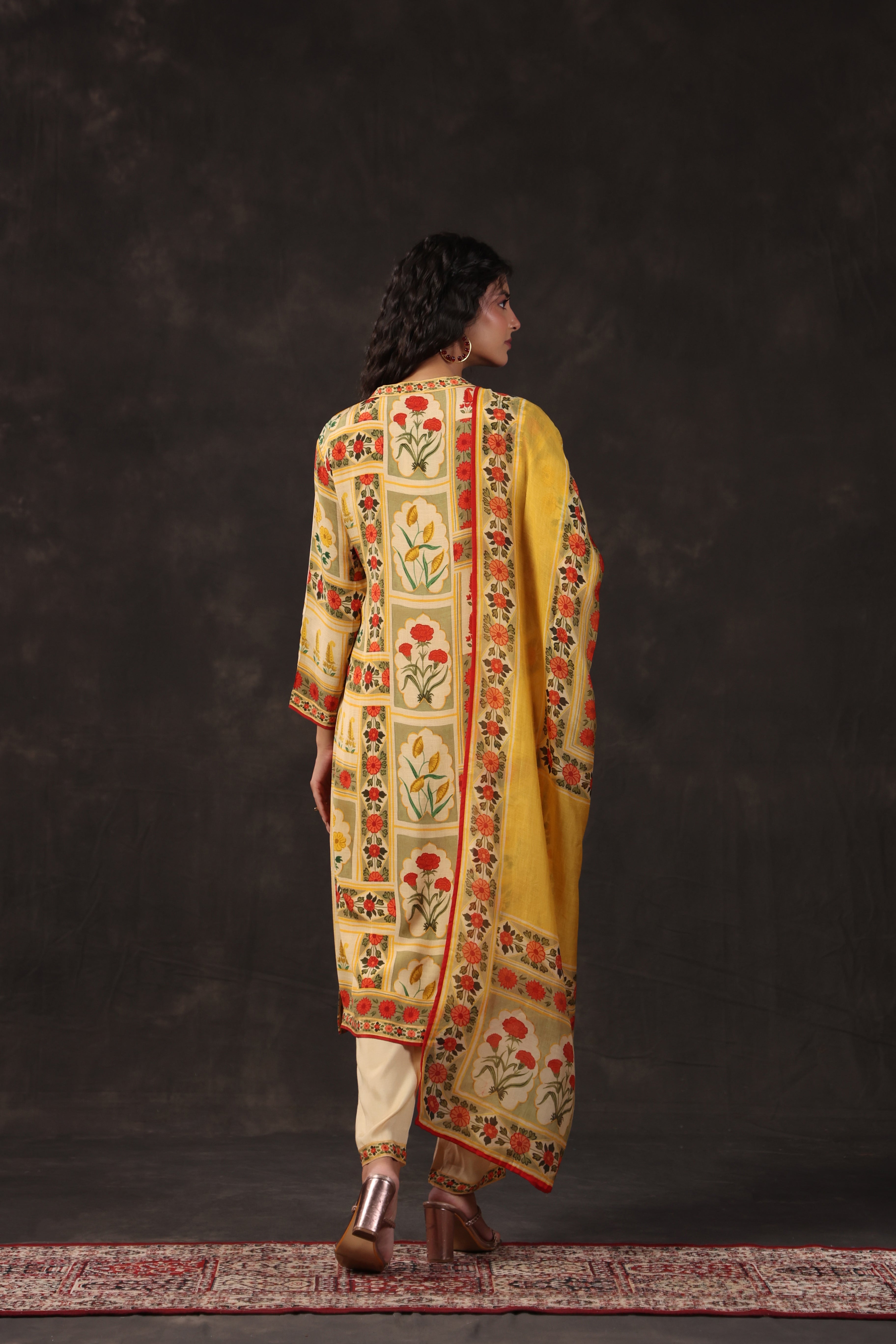 Warm Yellow Printed Crepe Silk Pant Set