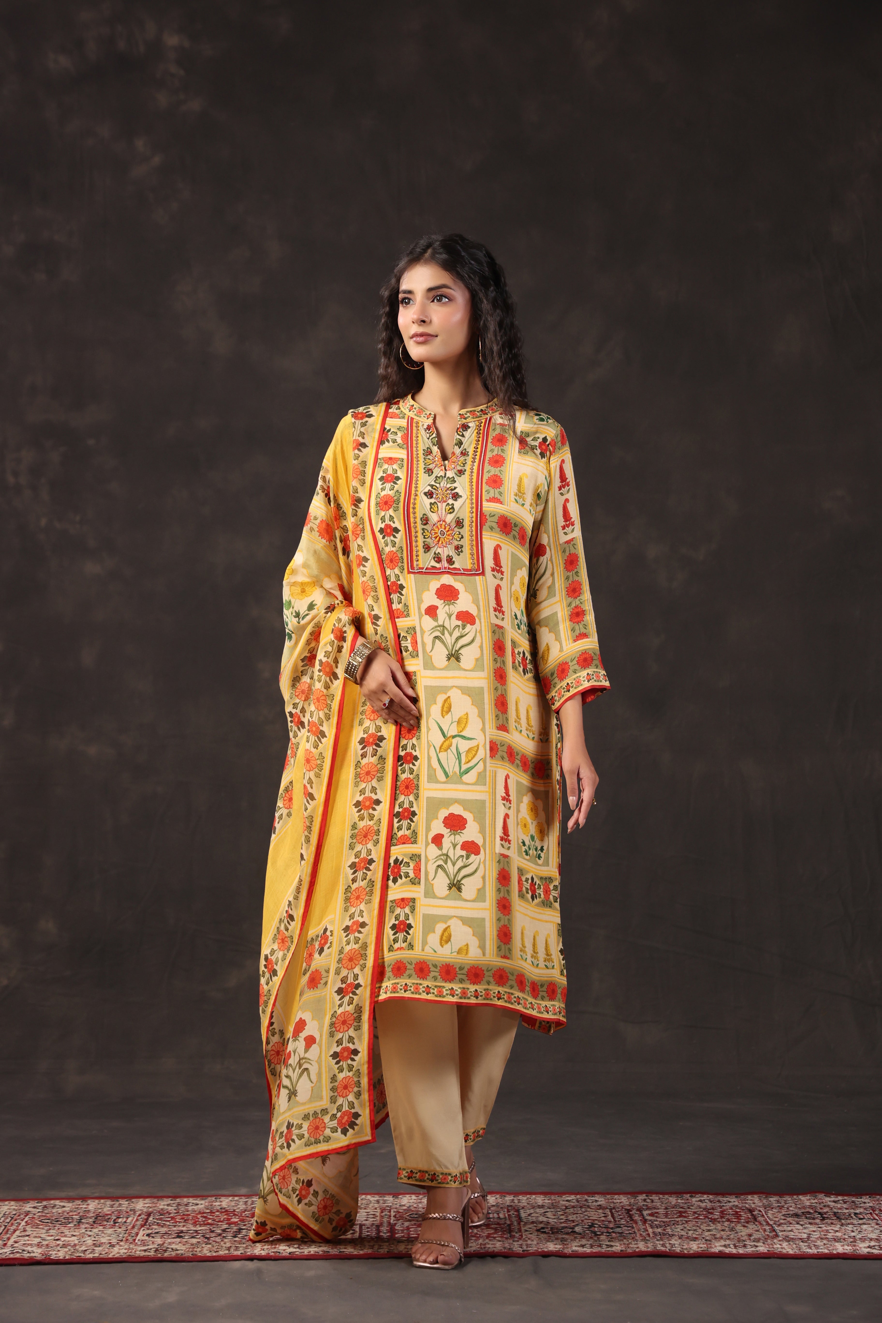 Warm Yellow Printed Crepe Silk Pant Set