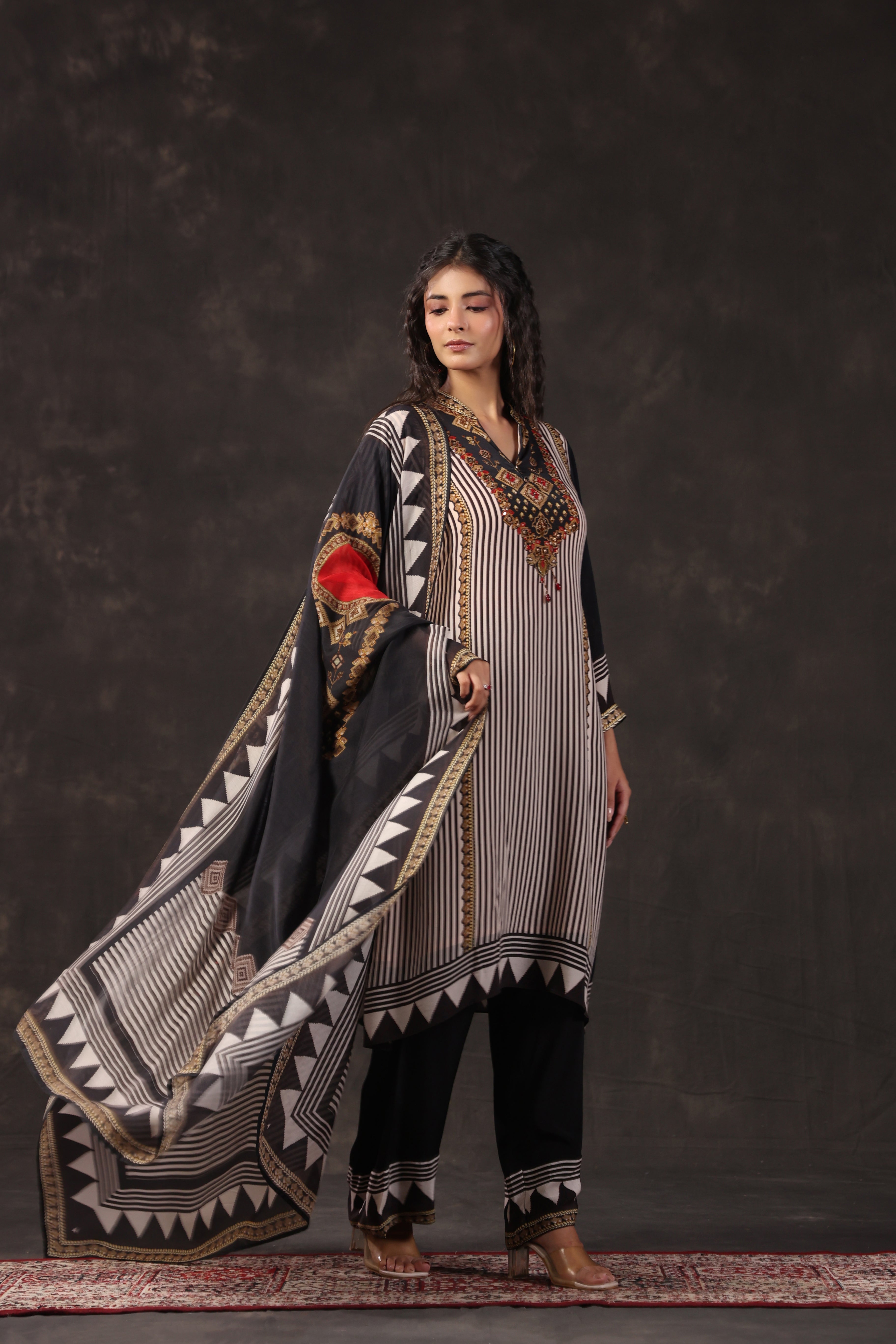 Monochrome Printed Crepe Silk Pant Set
