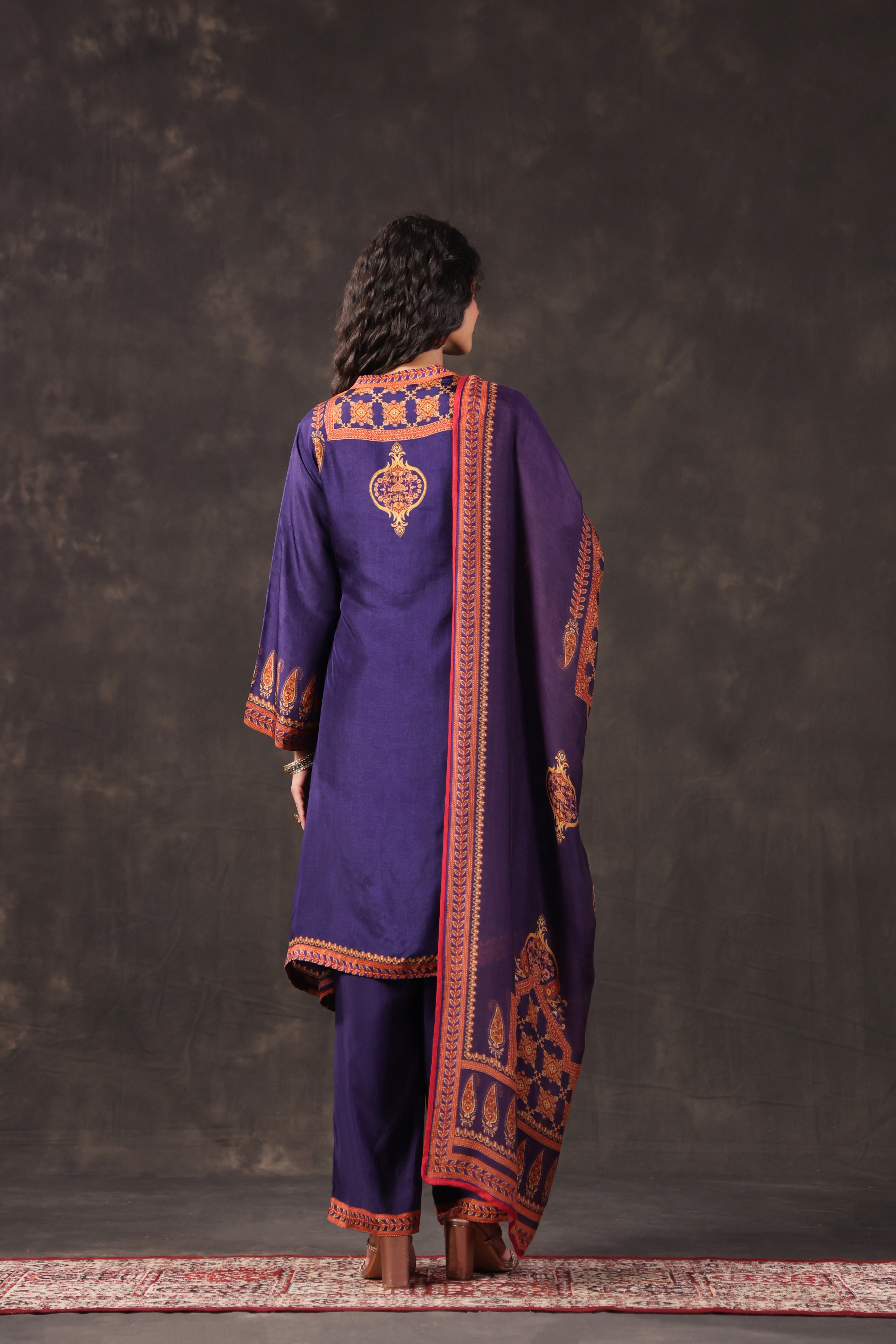 Royal Purple Printed Dola Silk Pant Set