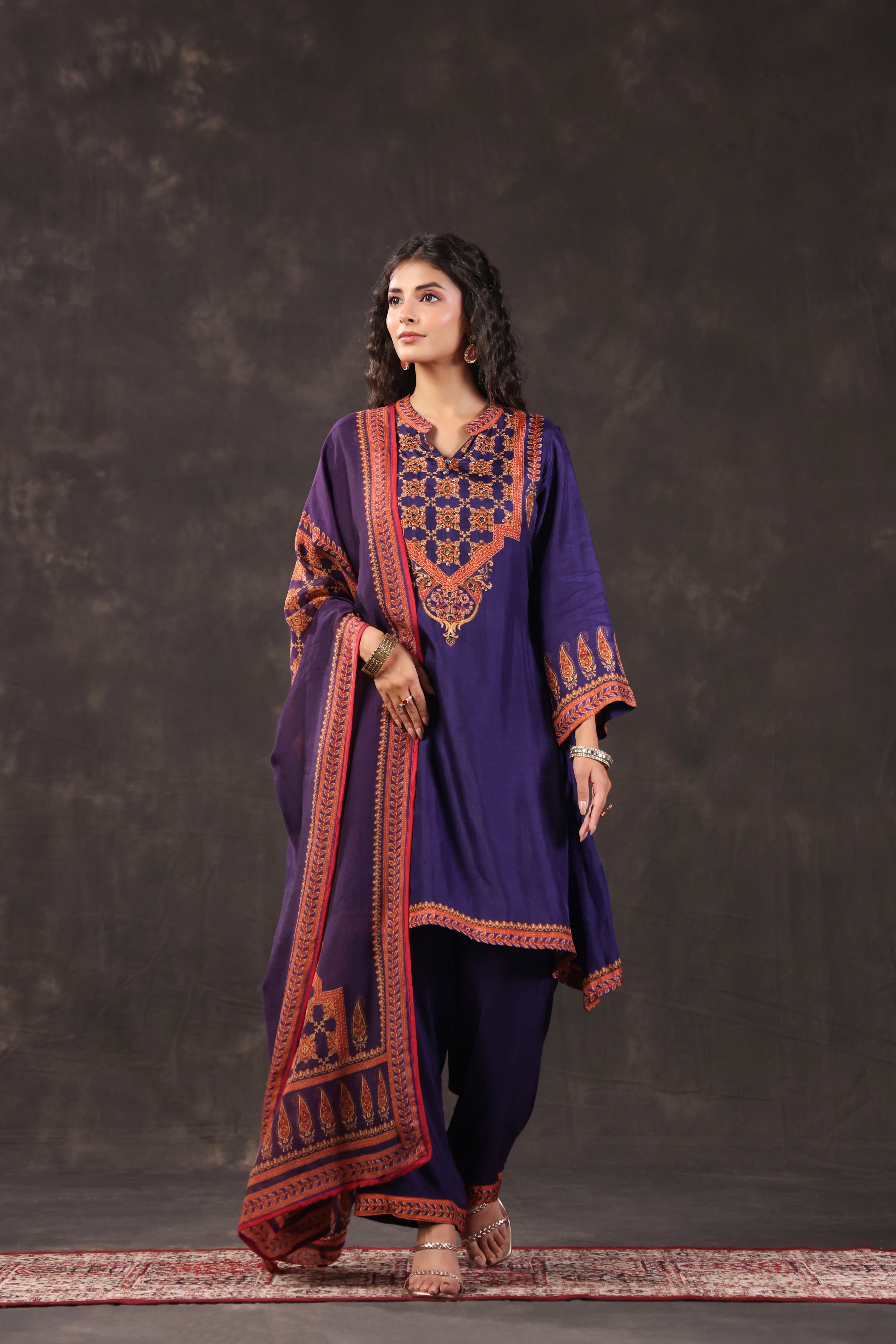 Royal Purple Printed Dola Silk Pant Set
