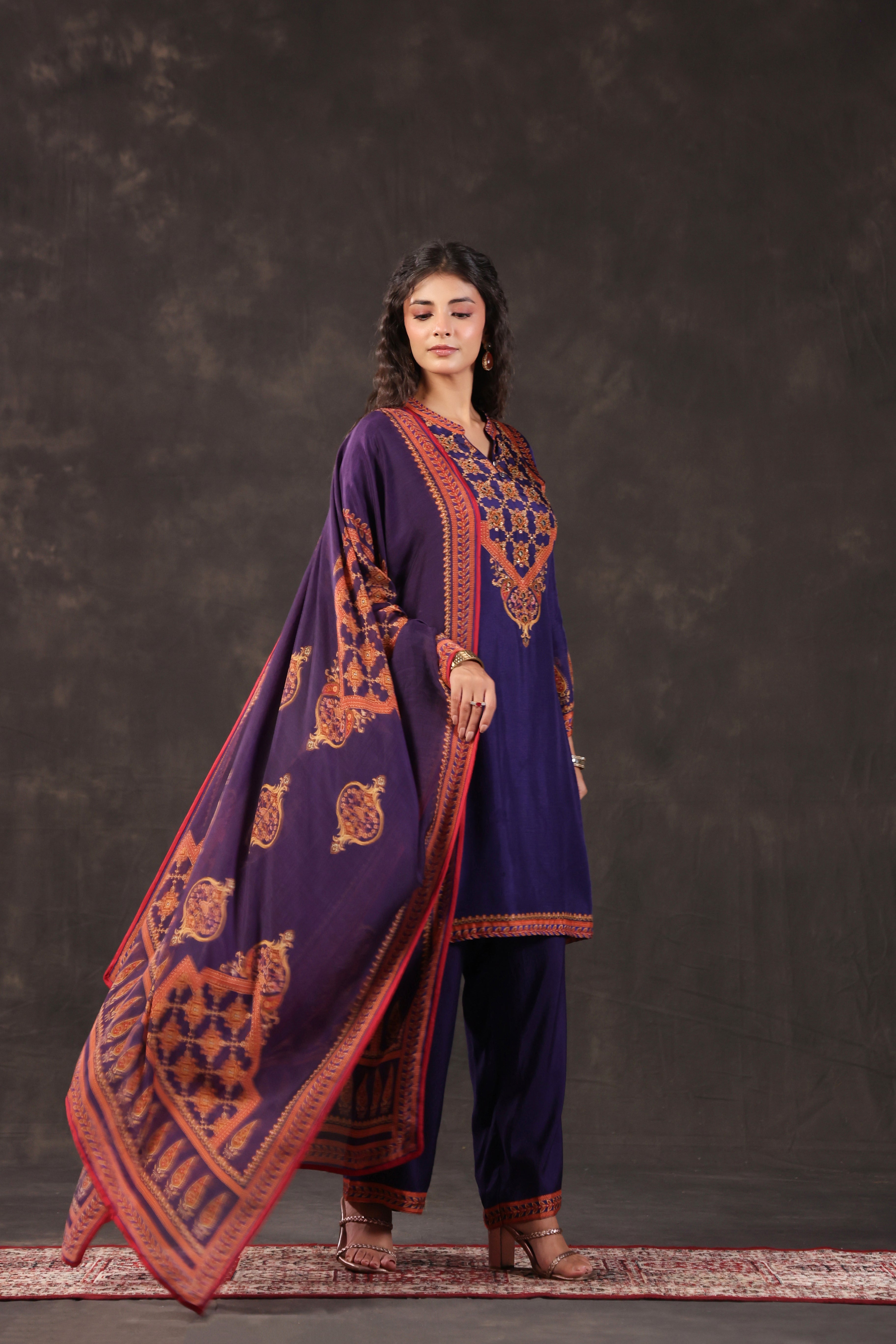 Royal Purple Printed Dola Silk Pant Set