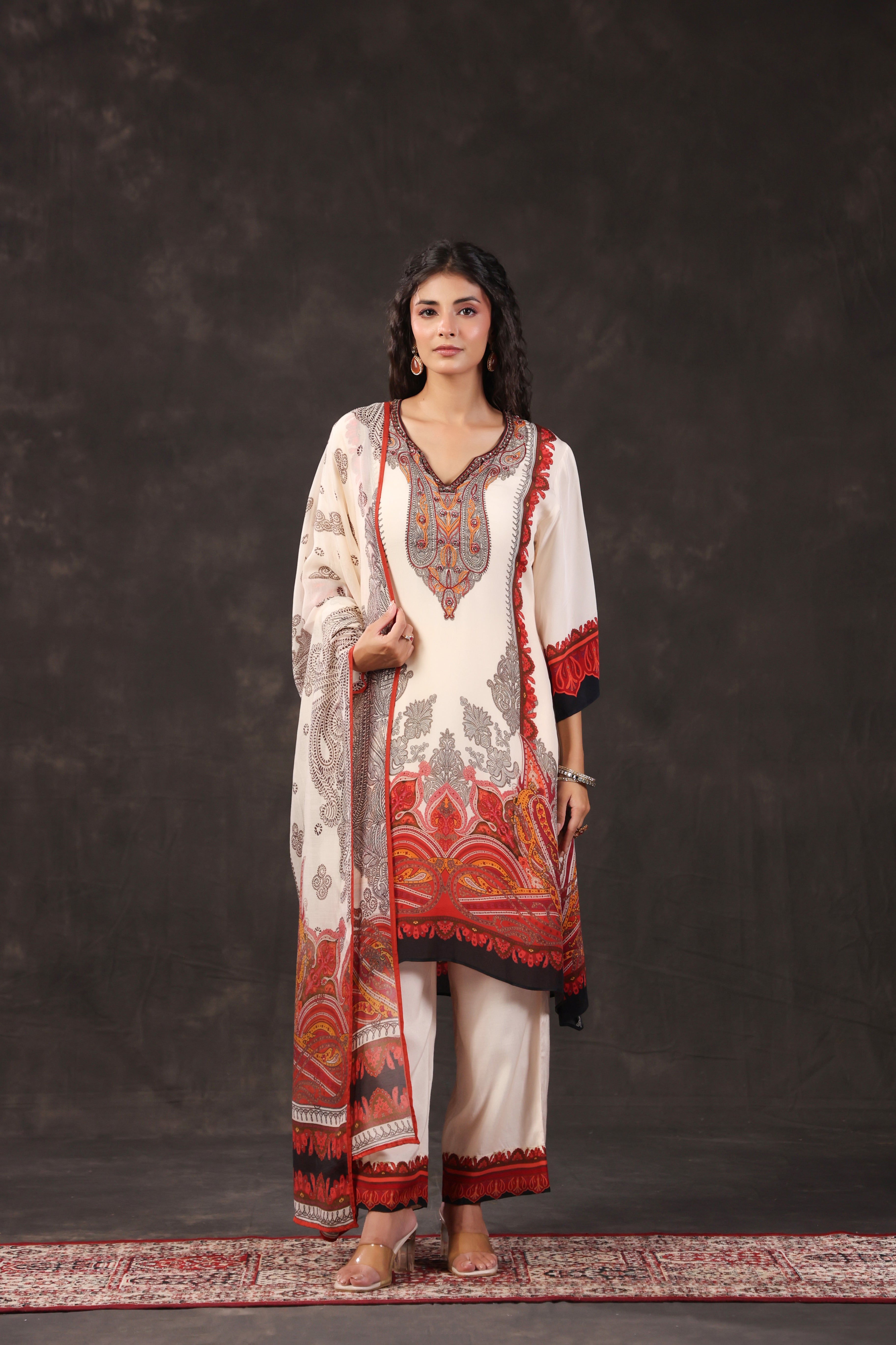 Ivory Cream Printed Crepe Silk Pant Set