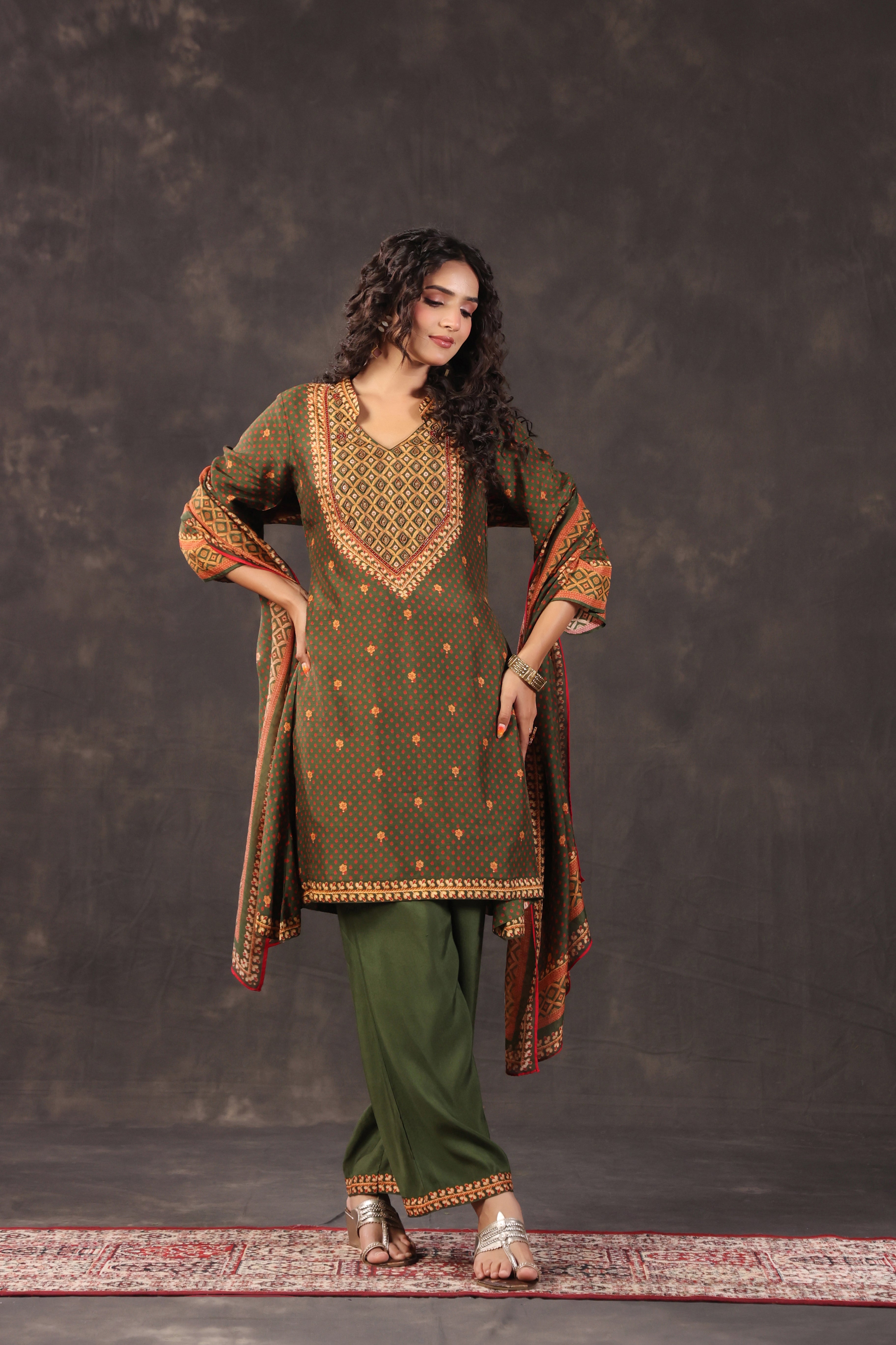 Olive Green Printed Dola Silk Pant Set
