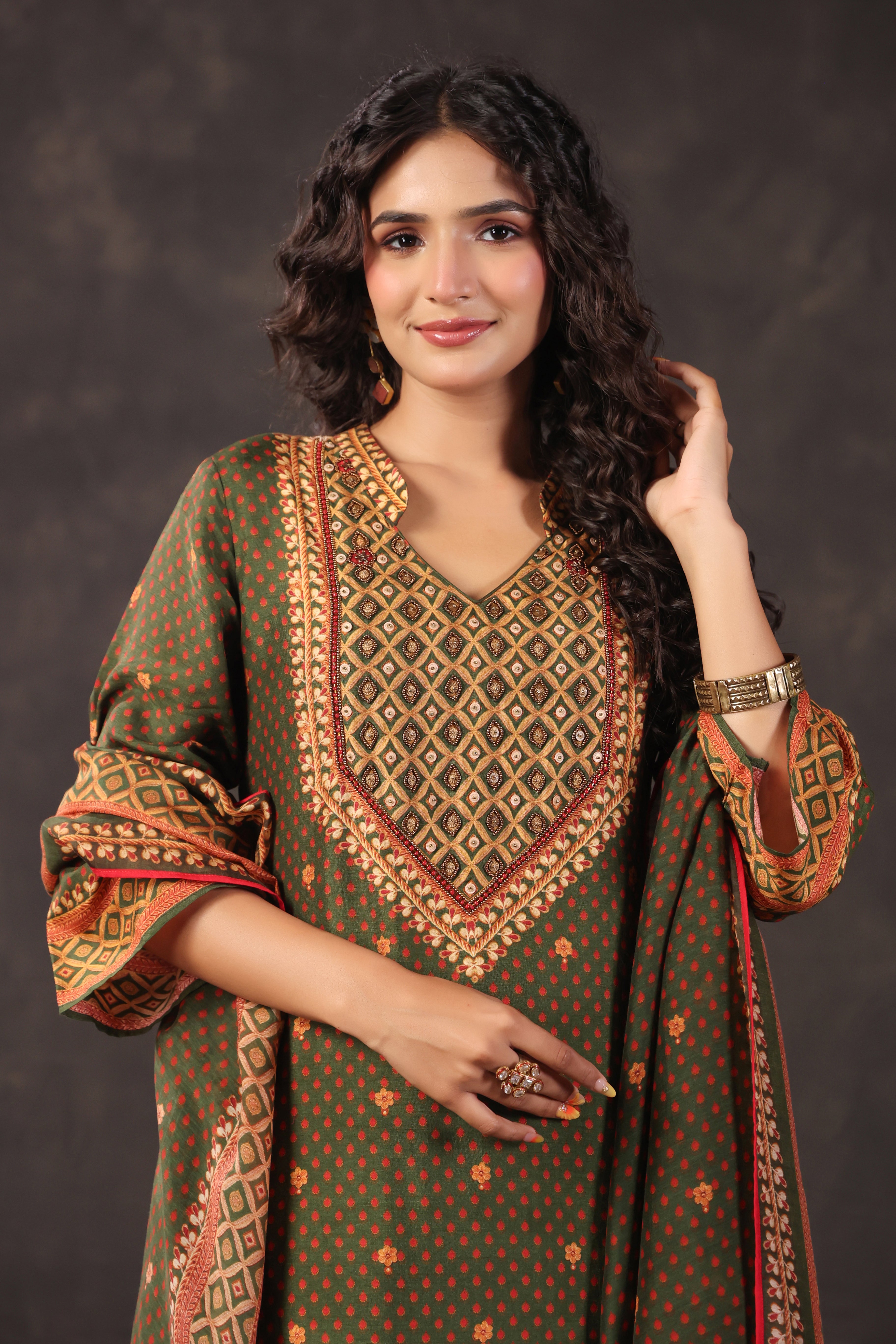 Olive Green Printed Dola Silk Pant Set