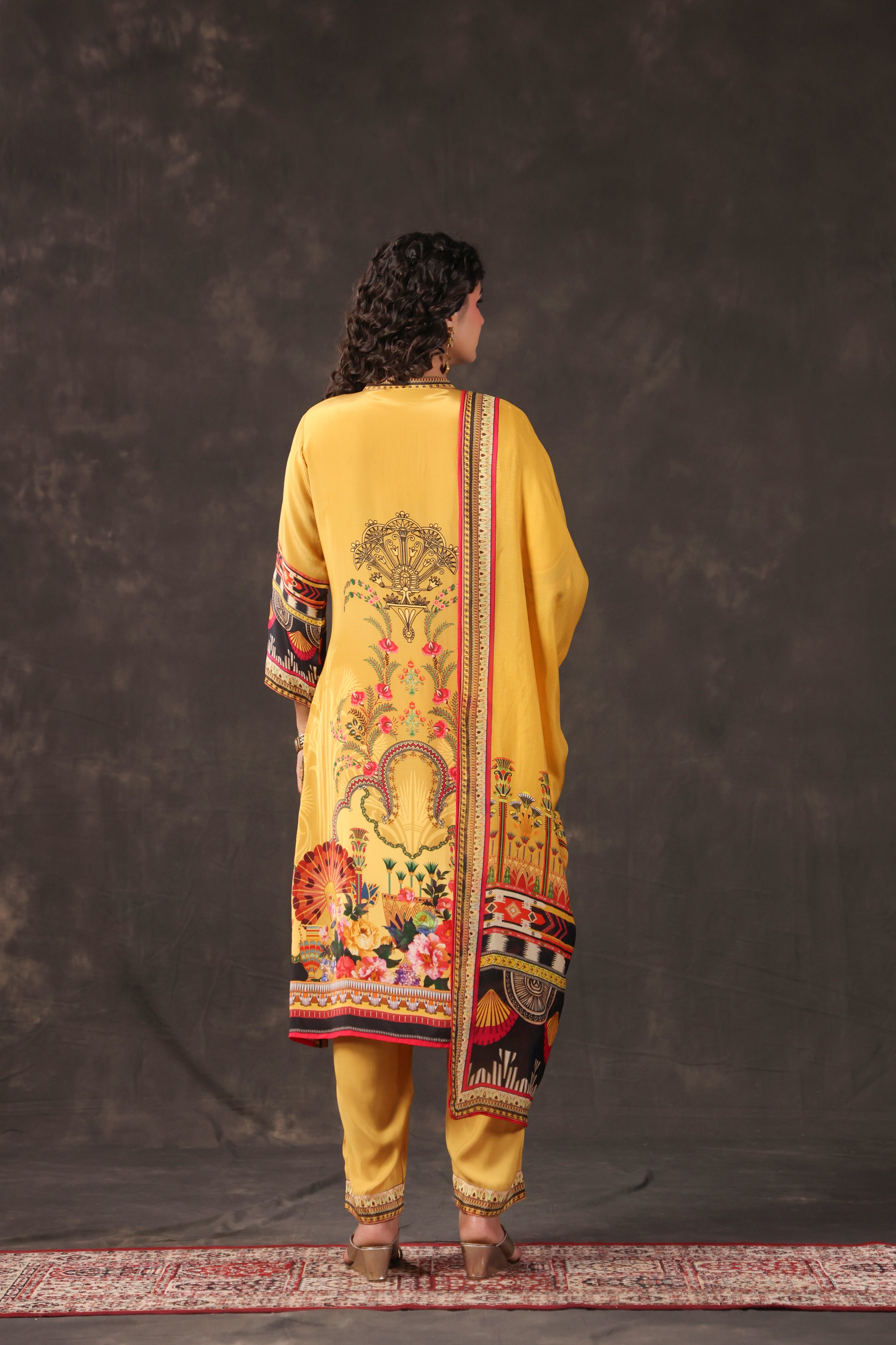 Mustard Yellow Printed Crepe Silk Pant Set