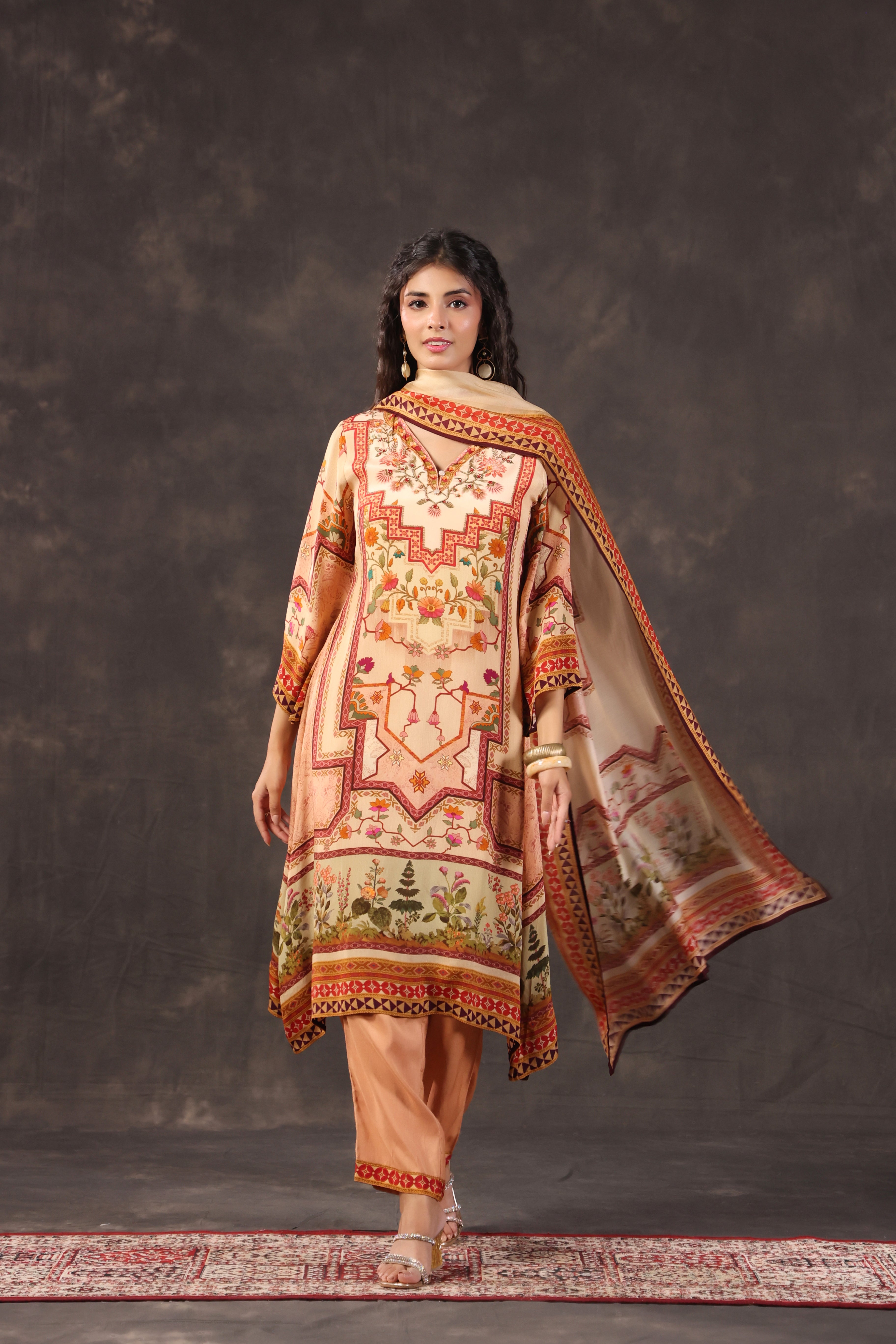 Peach Warm Printed Crepe Silk Pant Set