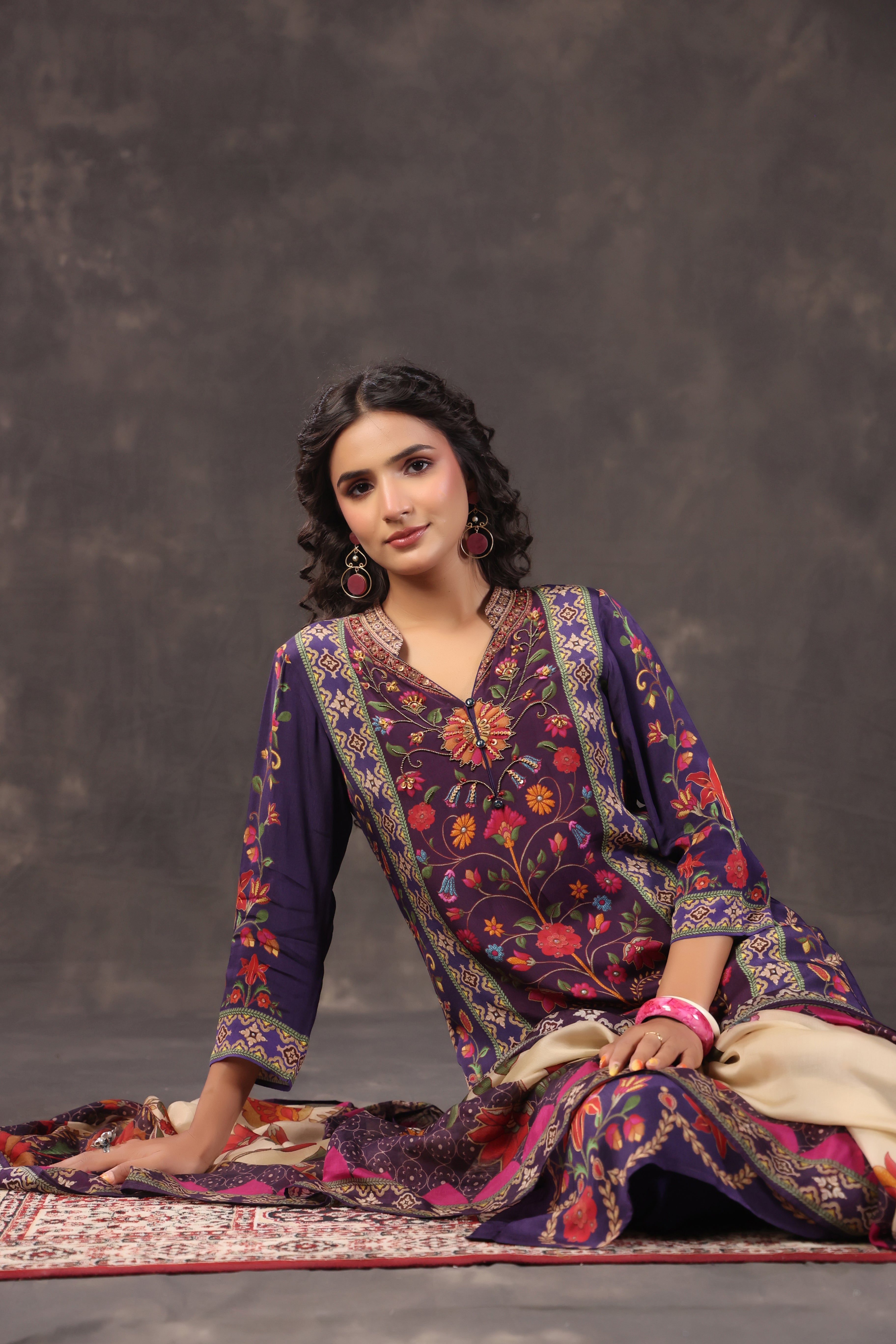Indigo Floral Printed Crepe Silk Pant Set