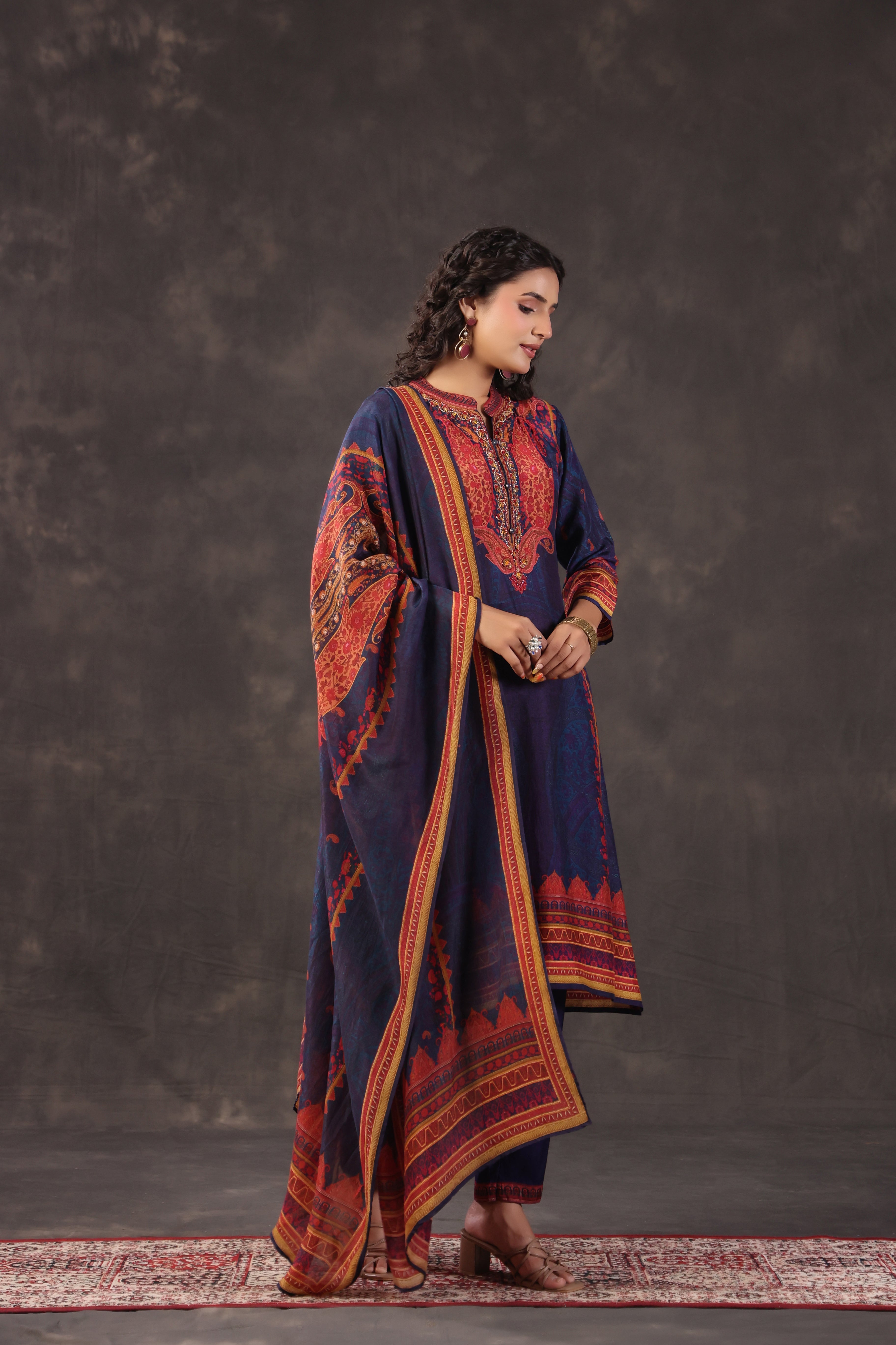 Navy Blue Printed Dola Silk Pant Set