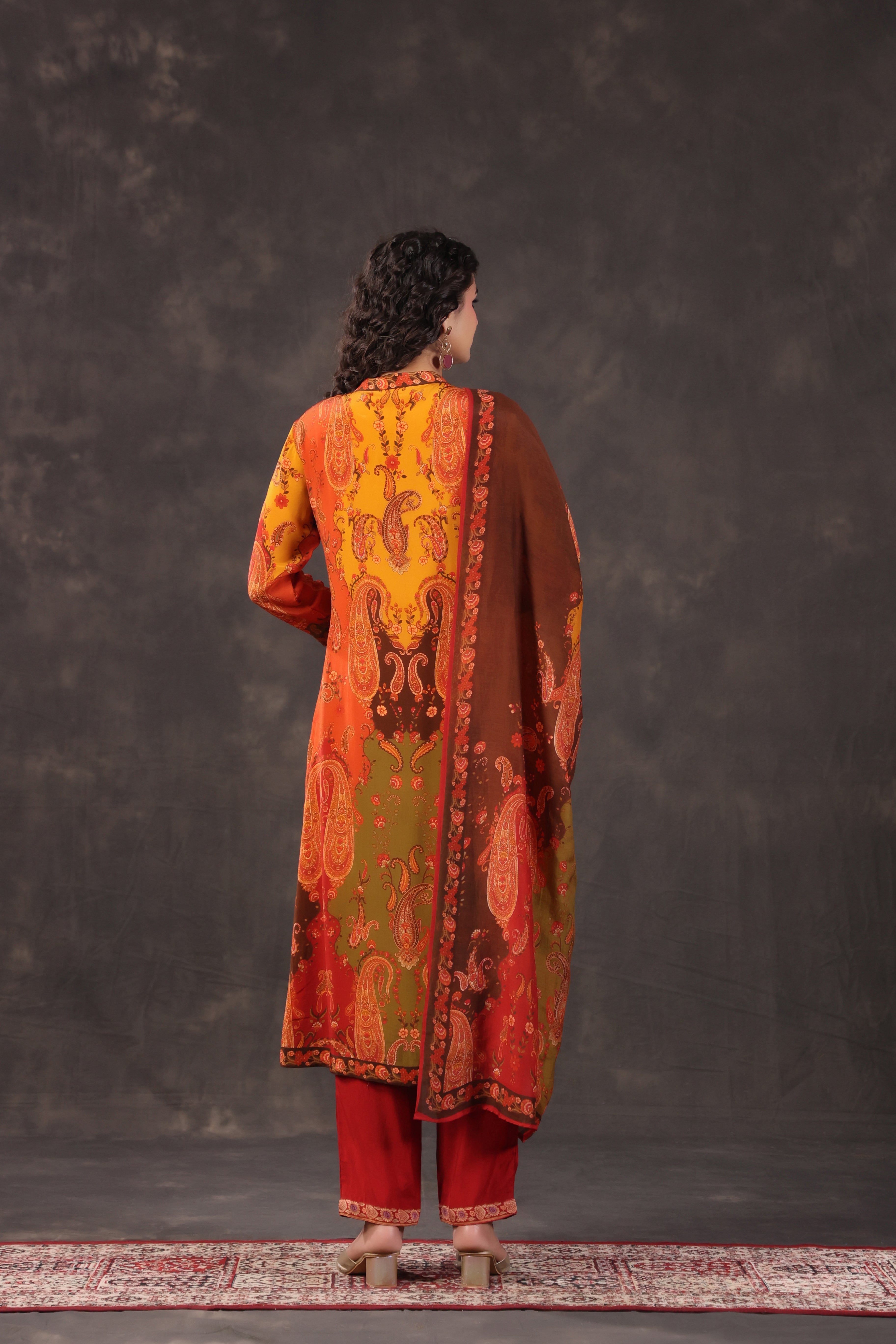 Fiery Rust Printed Crepe Silk Pant Set
