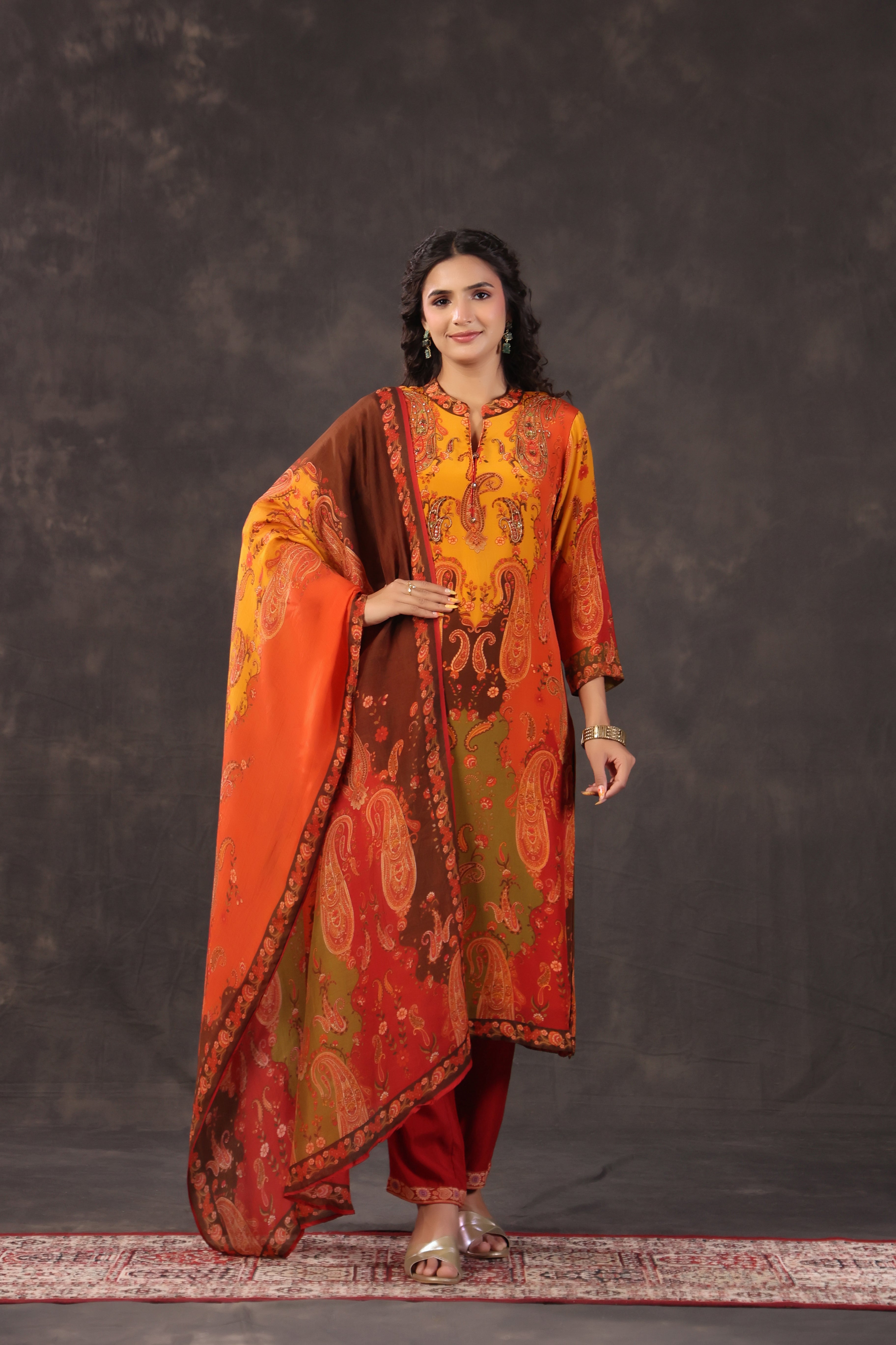 Fiery Rust Printed Crepe Silk Pant Set