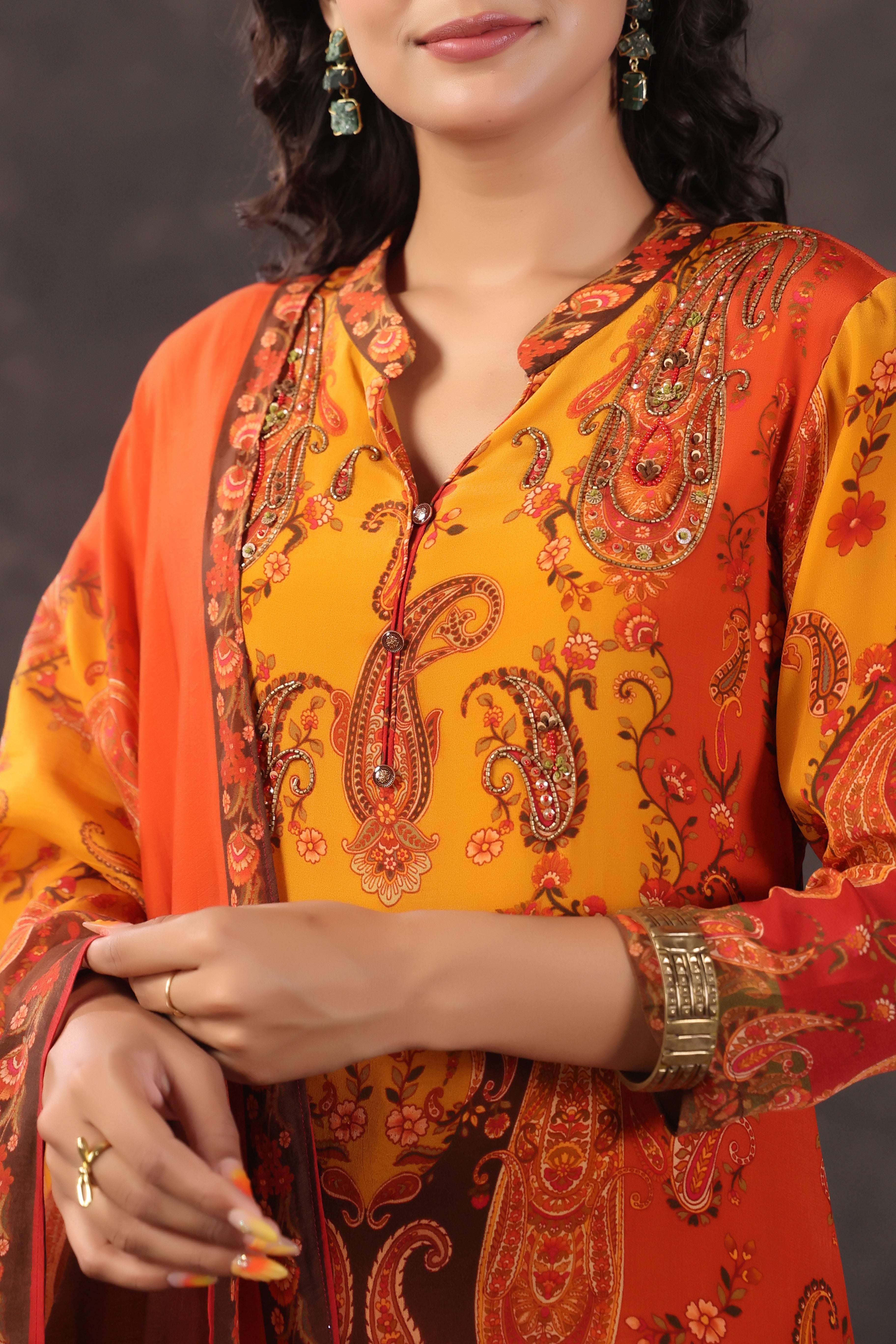 Fiery Rust Printed Crepe Silk Pant Set